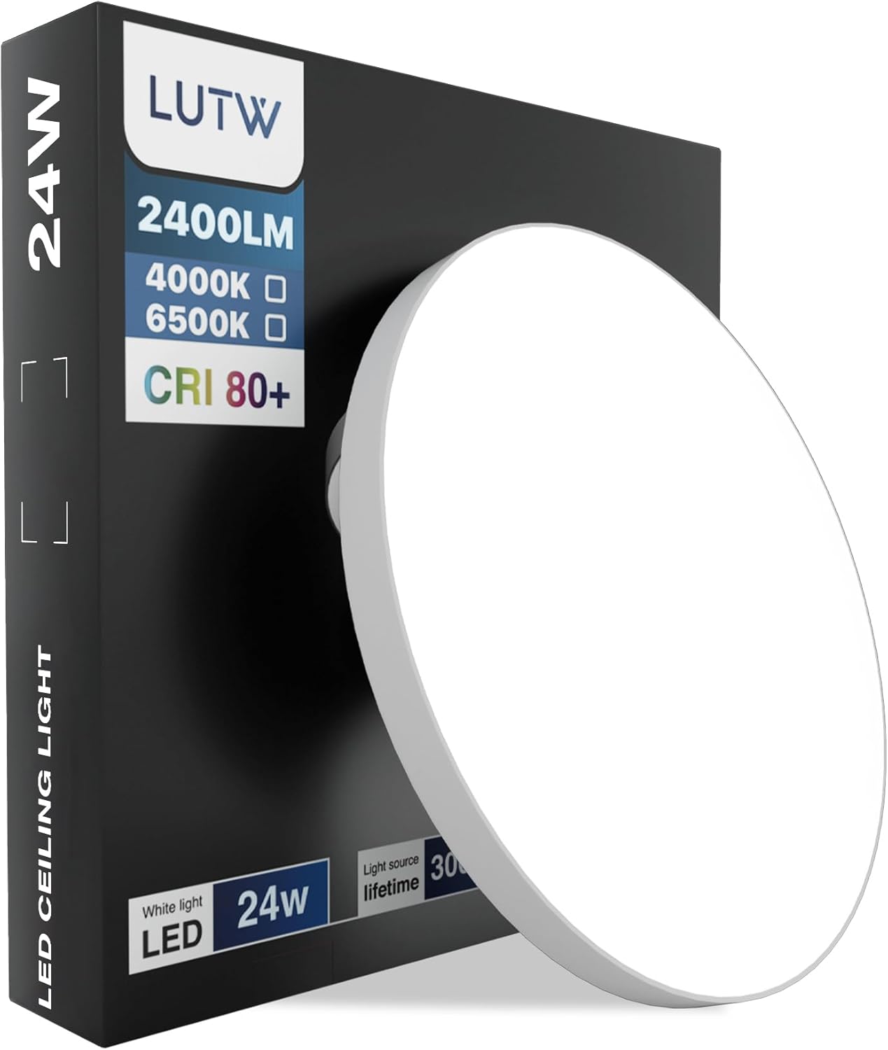 Lámpara de techo LED LUTW, redonda plana, 24 W, luz blanca fría 6500 K, 2400 lúmenes, resistente al agua IP44. Ideal para dormitorio, baño, sala de estar y cocina. Diámetro: 28 cm.