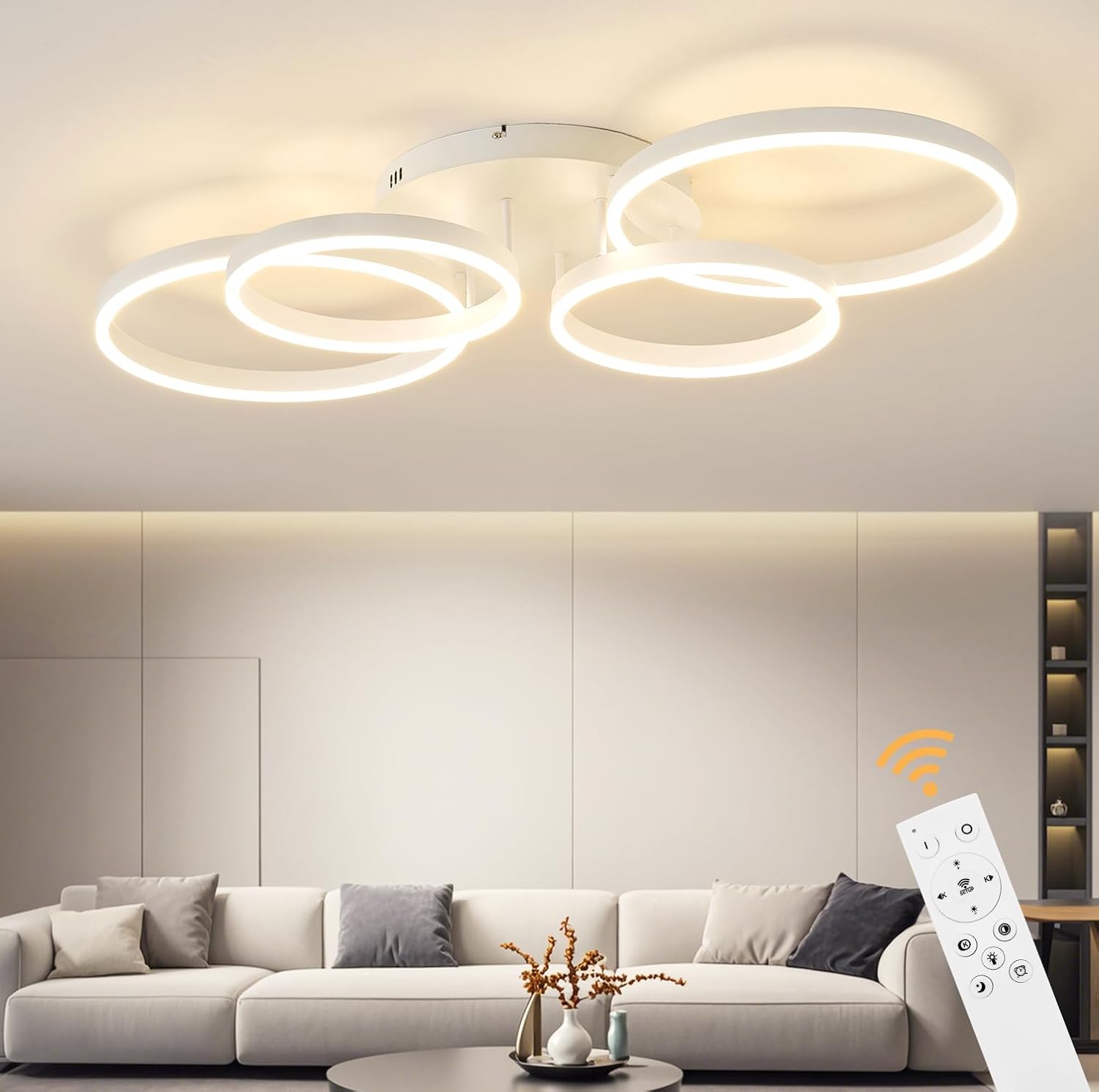 Lámpara de techo LED Tetapa regulable de 40-60W, 100CM, para sala de estar, con control remoto y cambio de color mediante aplicación, moderna lámpara de techo regulable para dormitorio (blanca).