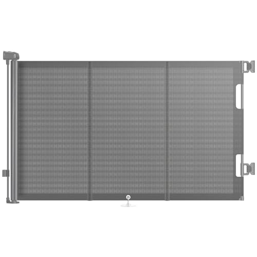 Barrera de seguridad enrollable, ajustable de 0 a 150 cm, adecuada para uso con niños y mascotas. Fabricación resistente y fácil instalación. Ideal para hogares con niños pequeños y perros de diferentes tamaños.