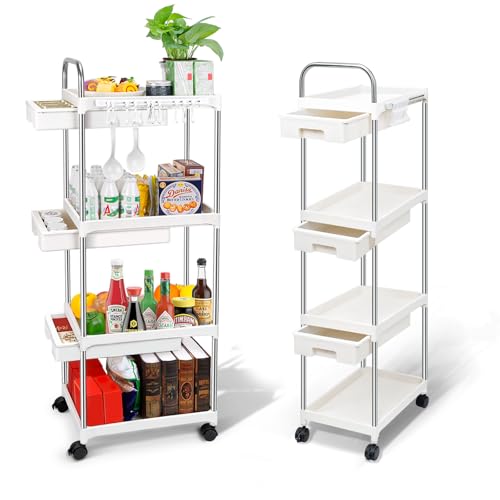 Carrito auxiliar con ruedas, fabricado en material PP y acero inoxidable. Cuenta con cajones dobles push-pull para almacenamiento, ocupa 0.1 m². Ruedas giratorias con opción de frenado. Fácil montaje 