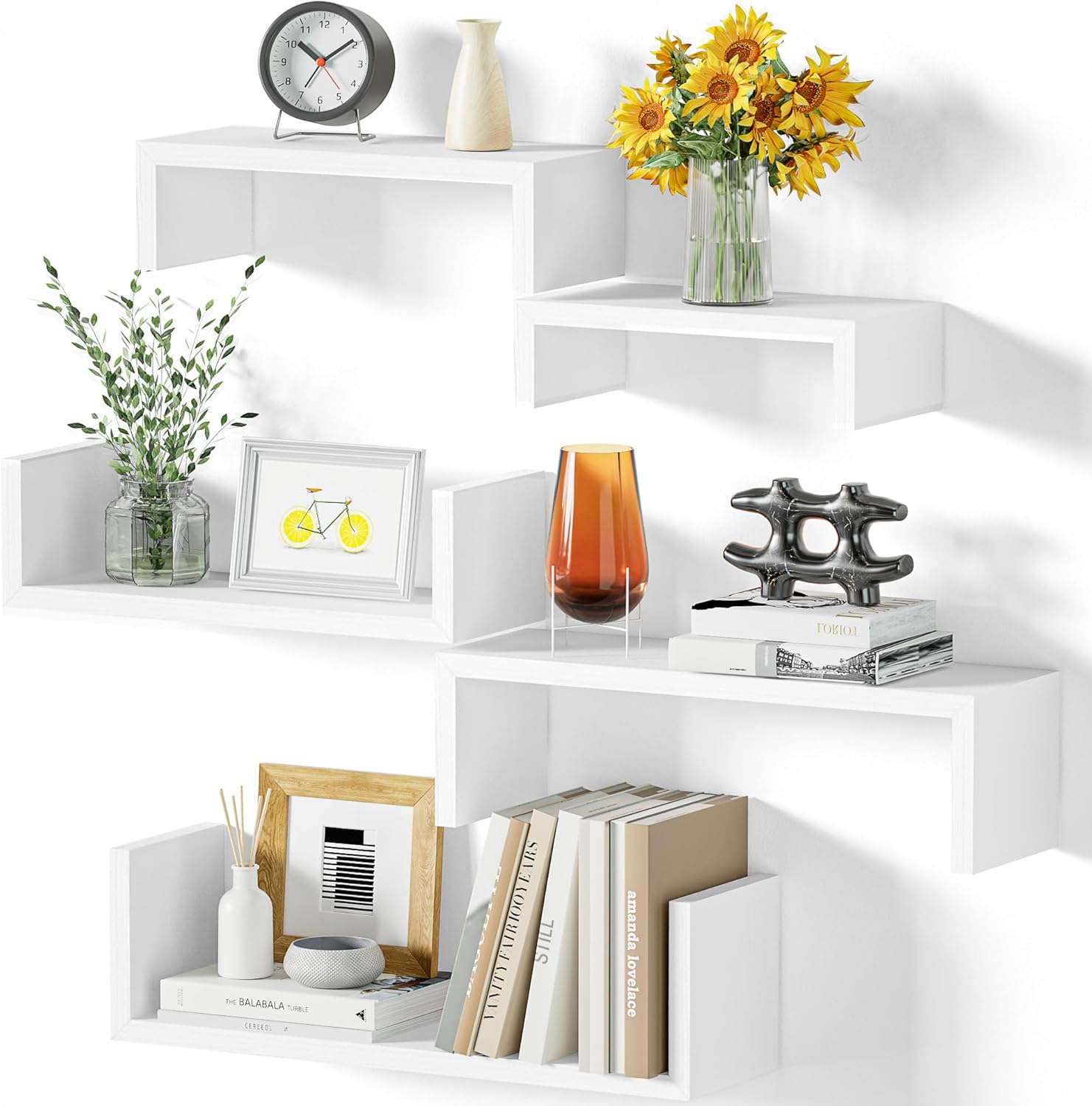 SRIWATANA Estantes de Pared Blancos Pack de 5, Estantes de Pared de Madera, Estantes Flotantes Carga Máxima 40 kg, Decoración Moderna de Estantes de Pared, Estantes Colgantes de Pared para Sala de Est