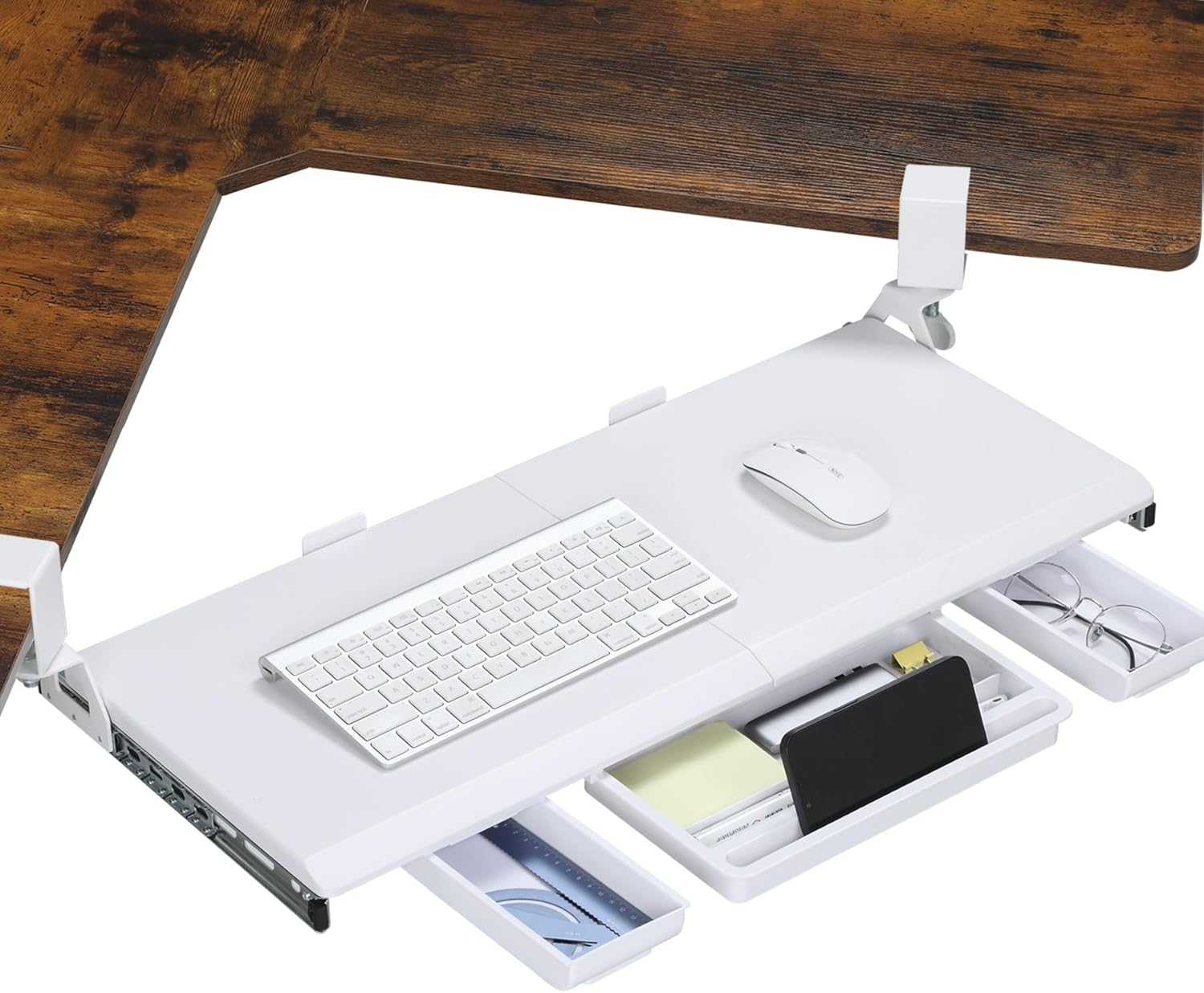 Bandeja para teclado ETHU de 680 x 300 mm, extensible con abrazadera en C ajustable a 180° para escritorios en forma de L, soporte para teclado de ordenador para el hogar y la oficina, color blanco