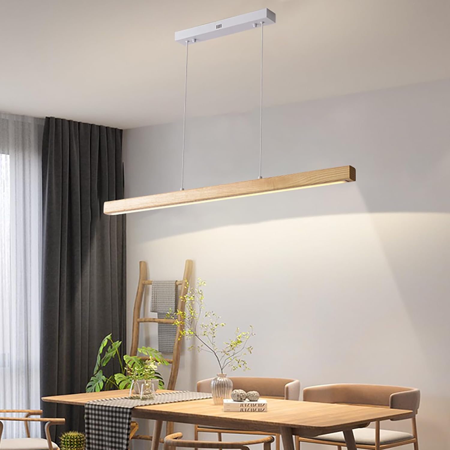Pinrutar LED Madera Lámpara Colgante Mesa de Comedor, Cocina, Luz Colgante Regulable Interiore Control Remoto y App Diseño Moderno, Ajustable Temperatura de Color, Brillo, Altura,L120CM/48W