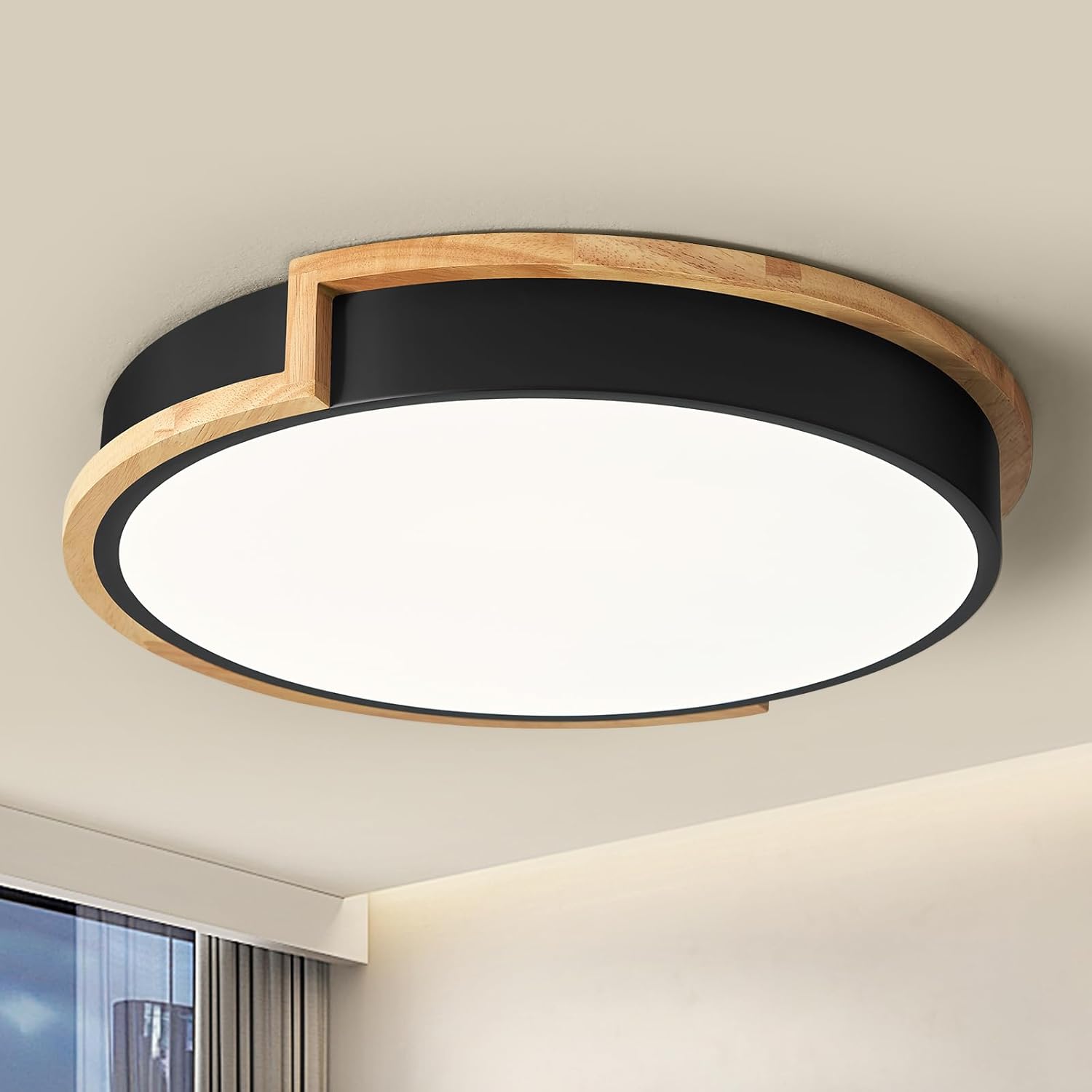 Lámpara de techo WOKNOS, color negro, 40 cm, 36 W, LED, con detalles en madera, ideal para dormitorio, sala de estar, cocina, pasillo y comedor. 4000 K.