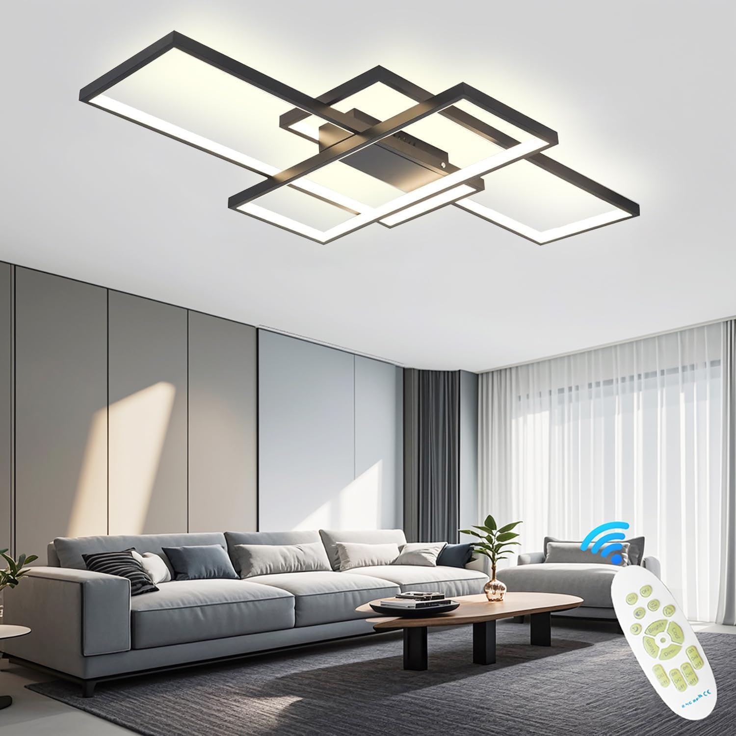 Lámpara de Techo LED de Diseño Moderno techo salon con Control Remoto plafones para techo led Dormitorio, Cocina, Pasillo, Balcón, Comedor lampara techo(Negro,80 * 45CM/65W) [Clase de eficiencia energética D]