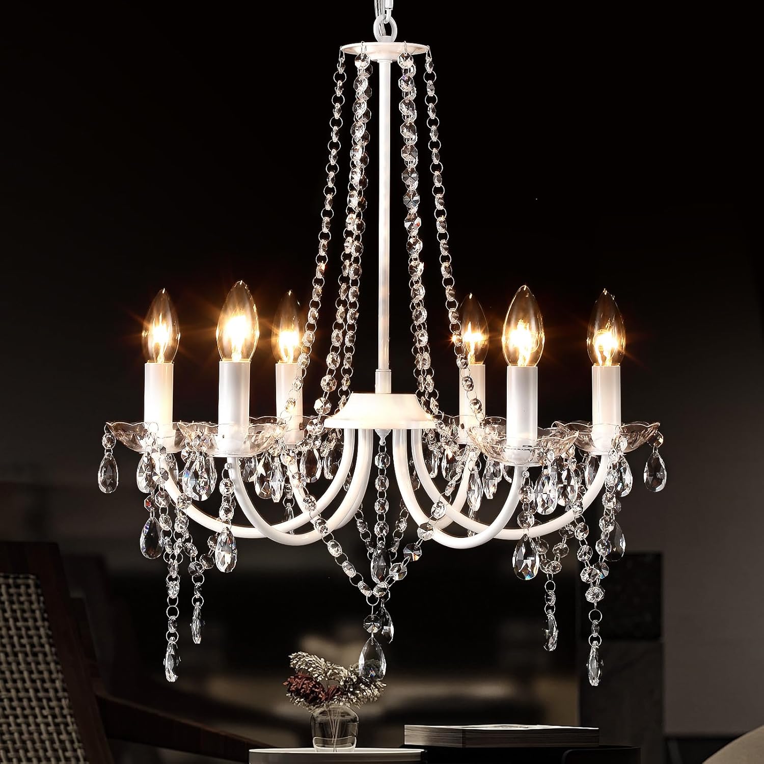 Lámpara de araña de cristal blanca, lámpara de techo vintage de 6 luces para sala de estar, lámpara colgante clásica de estilo rústico para mesa de comedor, lámpara colgante moderna de altura ajustable para dormitorio, comedor o pabellón.