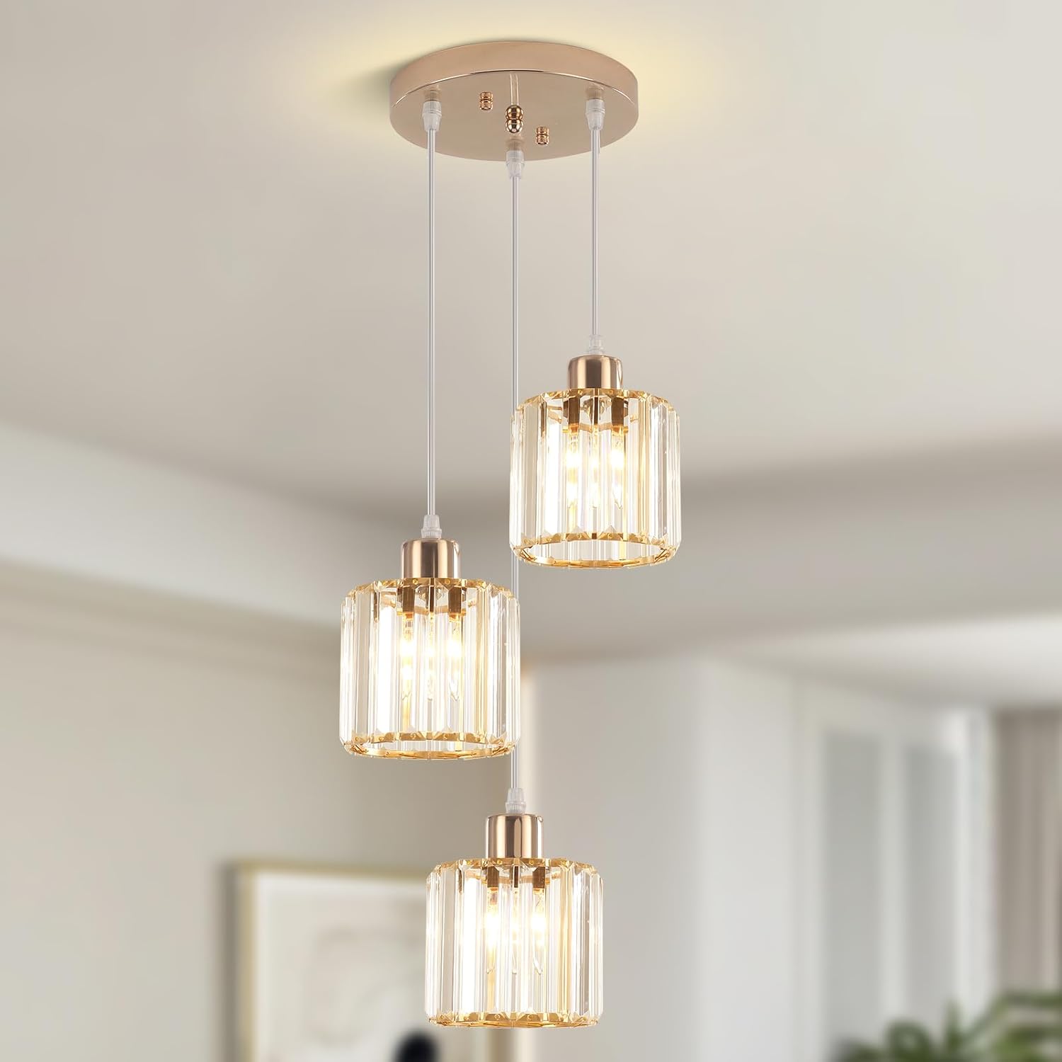 Lámpara colgante para mesa de comedor, lámpara colgante de cristal, araña dorada de 3 luces, lámpara colgante moderna, lámpara colgante de cristal, altura regulable, casquillo E27, lámpara colgante para salón, cocina, dormitorio, pasillo
