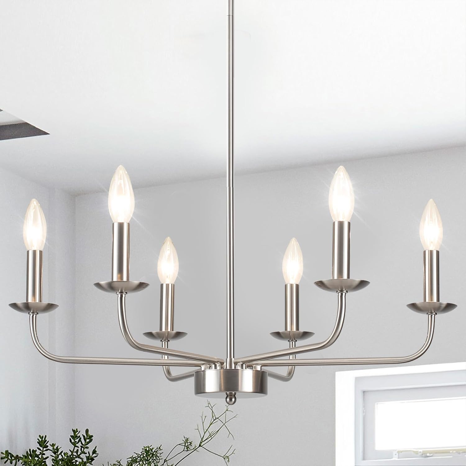 Lámpara colgante moderna para sala de estar, lámpara colgante plateada de 6 luces para mesa de comedor, lámpara de techo industrial vintage de níquel con casquillo E14, lámpara colgante de níquel para cocina, comedor y dormitorio.