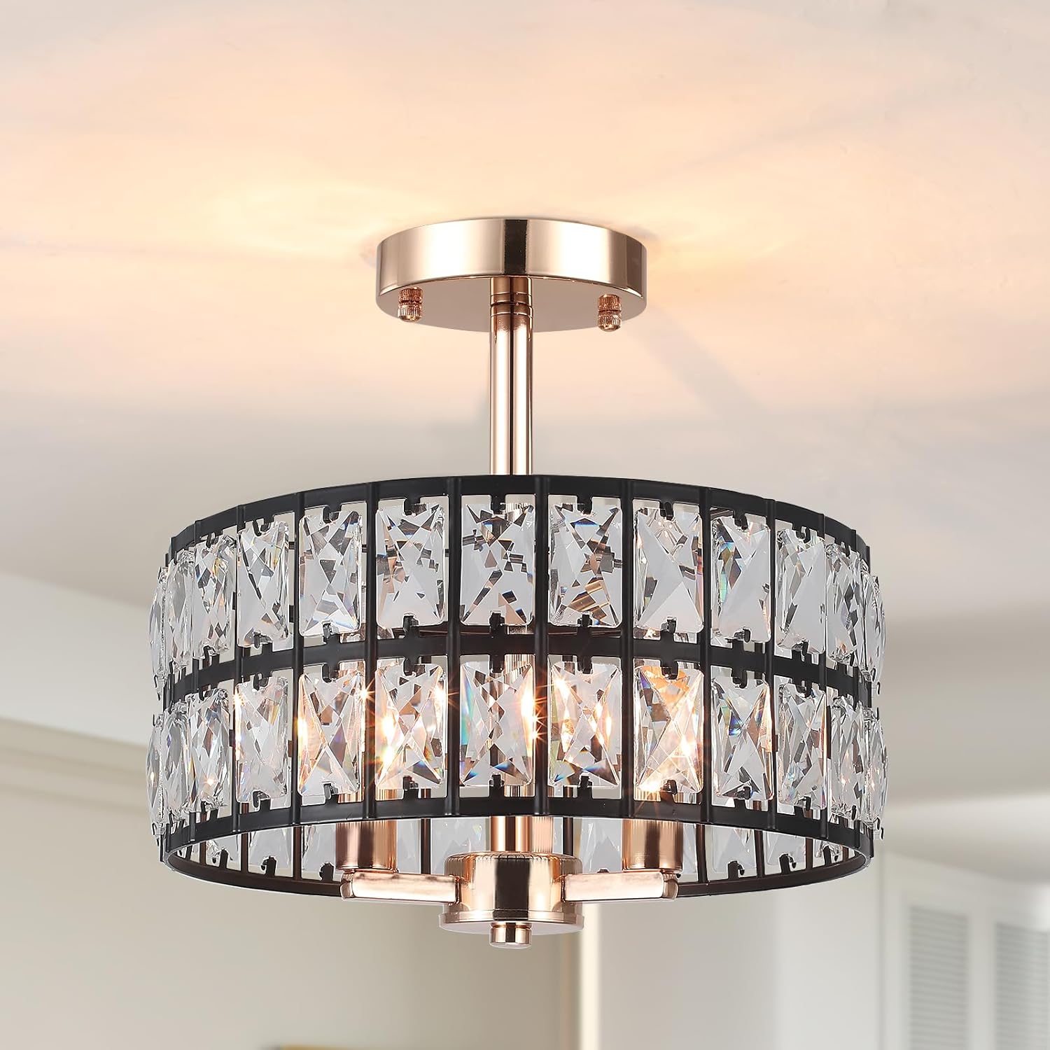 Lámpara de techo moderna de cristal negro y dorado, lámpara de techo metálica de 3 luces para sala de estar, redonda, Ø32cm, lámpara de araña con pantalla de cristal, lámpara de techo para dormitorio, comedor, cocina, pasillo, E14