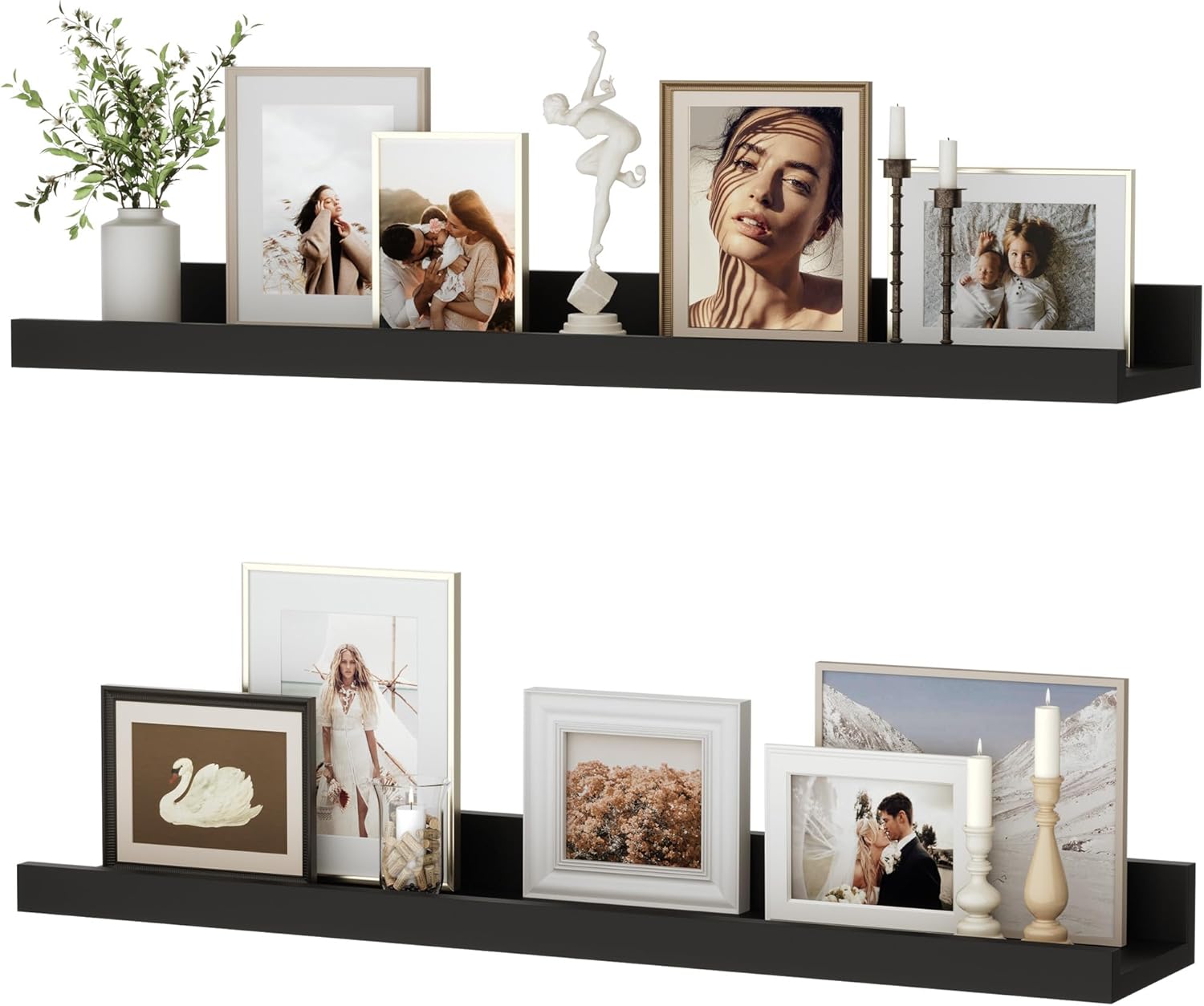 Estante de pared Feihorrm (juego de 2), 60 cm, flotante, de madera MDF, para marcos de fotos y decoraciones, diseño industrial, ideal para estudio, dormitorio y cocina (negro, 60 cm)