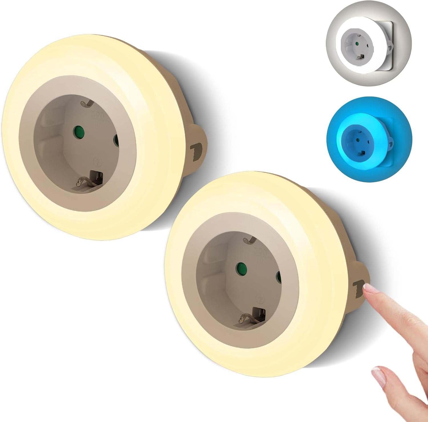 Lámpara nocturna Aigostar (paquete de 2) con enchufe y tomacorriente, luz nocturna de 3 colores con sensor de luz y control táctil para dormitorio, pasillo, cocina, escaleras y baño.