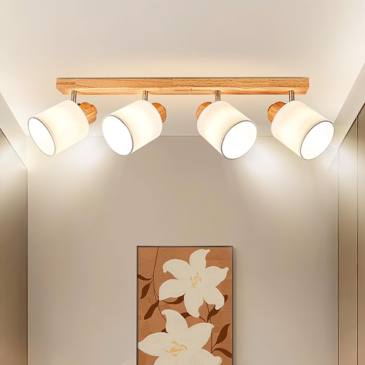 Lámpara de techo Doughelec, lámpara de techo de madera de 4 luces - Foco de techo para sala de estar, lámpara giratoria vintage E14, foco de techo/pared, foco de MÁXIMO 30W para dormitorio, cocina, pasillo, bombilla no incluida