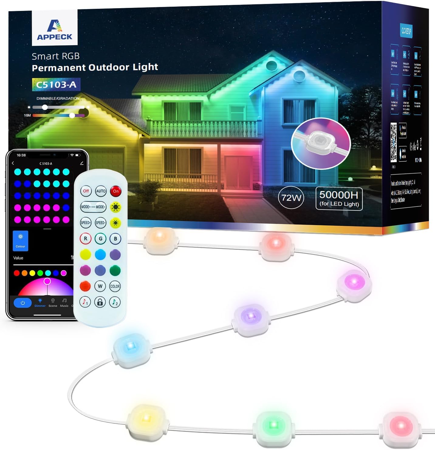 Iluminación exterior permanente APPECK de 30 m con 72 LED, luces LED RGB inteligentes e impermeables, con Alexa y Google Assistant, 111 modos de escena, ideal para iluminación navideña, fiestas y decoración diaria.