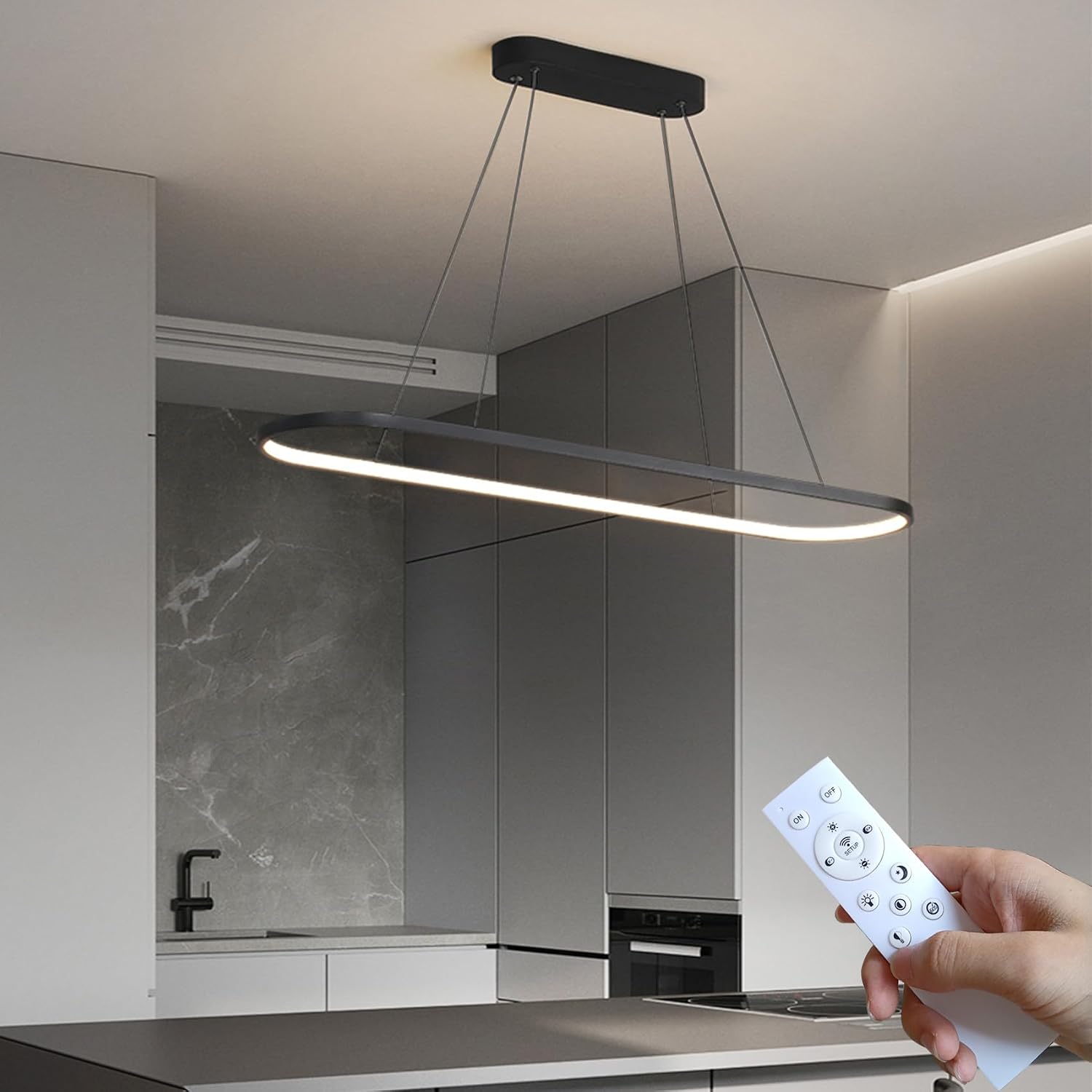 Lámpara colgante ovalada para oficina, luces colgantes LED, lámpara de mesa Kiiche ajustable en altura, color blanco, negro y dorado, 90/120 cm (negro, 120 cm/47,25 pulgadas) [Clase energética F]. B0F8JFDFJG