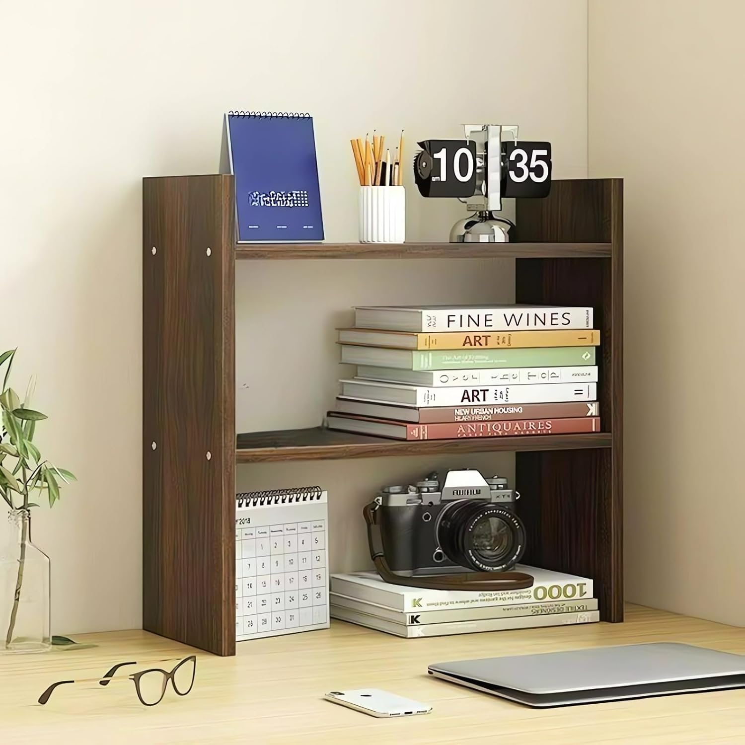 AUSHOPLAH Estante organizador de escritorio, estantería de madera de 2 niveles, estante minimalista para almacenamiento de escritorio de oficina