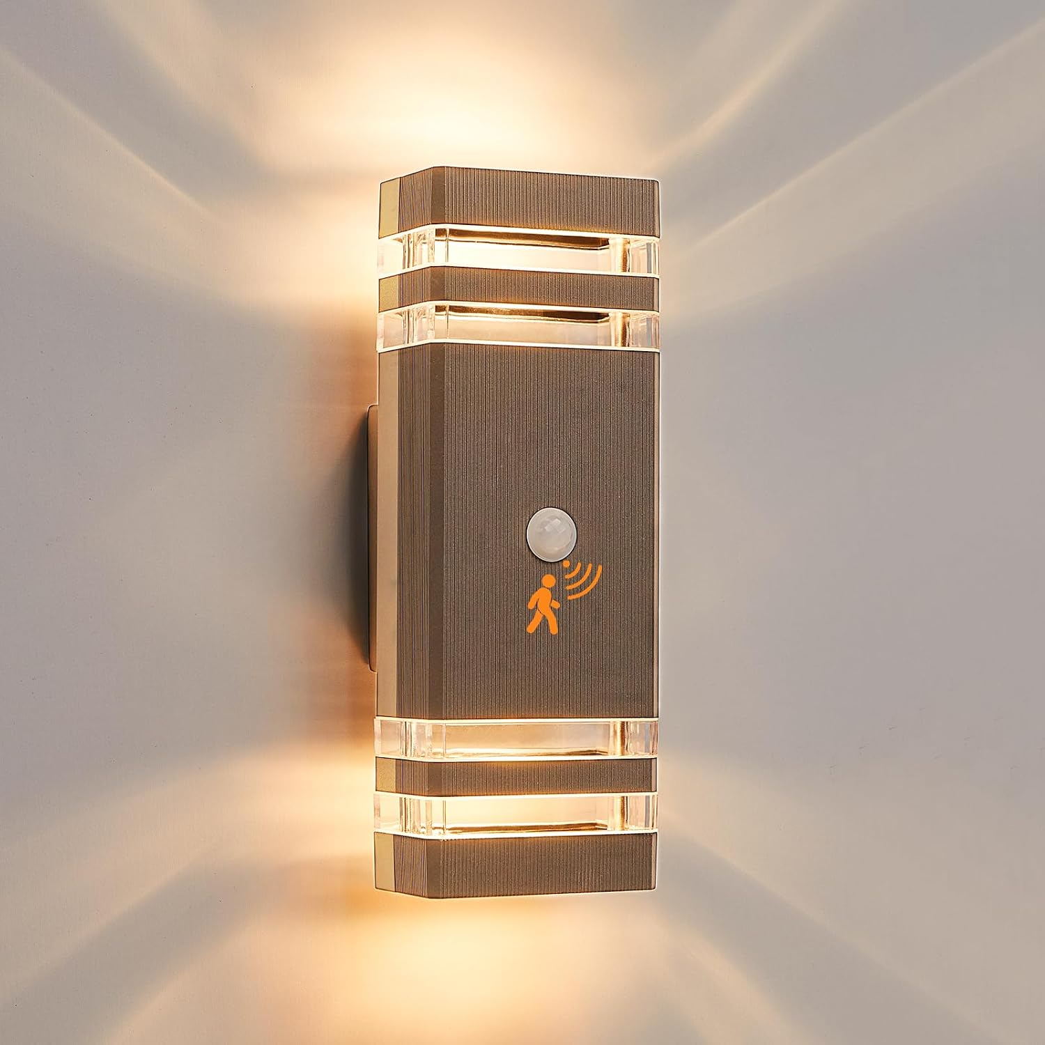 Lámpara de exterior CELAVY con sensor de movimiento - Luz LED GU10 para exteriores, aplique de pared, IP65, luz hacia arriba/abajo, color bronce.