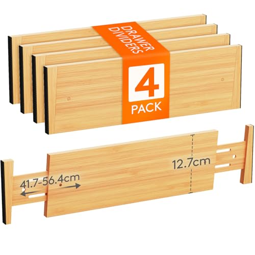 Juego de 4 divisores de cajones Lifewit de bambú natural, ajustables para un largo interior de 41,7 a 56,4 cm y una altura de 12,7 cm, ideal para organizar cocinas, armarios y escritorios.
