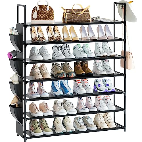 Zapatero de 7 niveles de alta capacidad, medidas: 33.3"" x 11.2"" x 48.7"". Almacena entre 28 y 35 pares de zapatos. Fabricado con tubos de hierro con recubrimiento en polvo y juntas de plástico. Resistente al agua y fácil de limpiar, ideal para armarios y entradas.