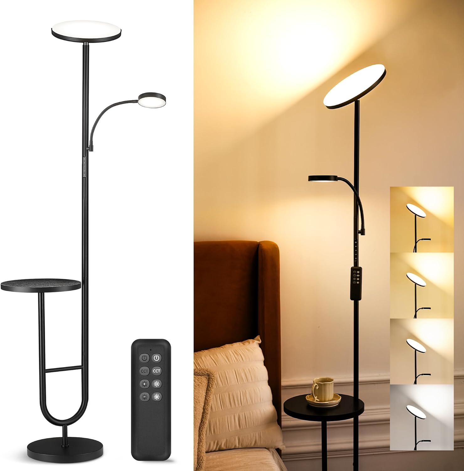Lámpara de pie LuminexDesigns con mesa, lámpara de pie LED de 36W+7W, regulable 3200LM+600LM, lámpara de pie moderna para sala de estar y luz indirecta con control remoto, 2700K-6500K, negra