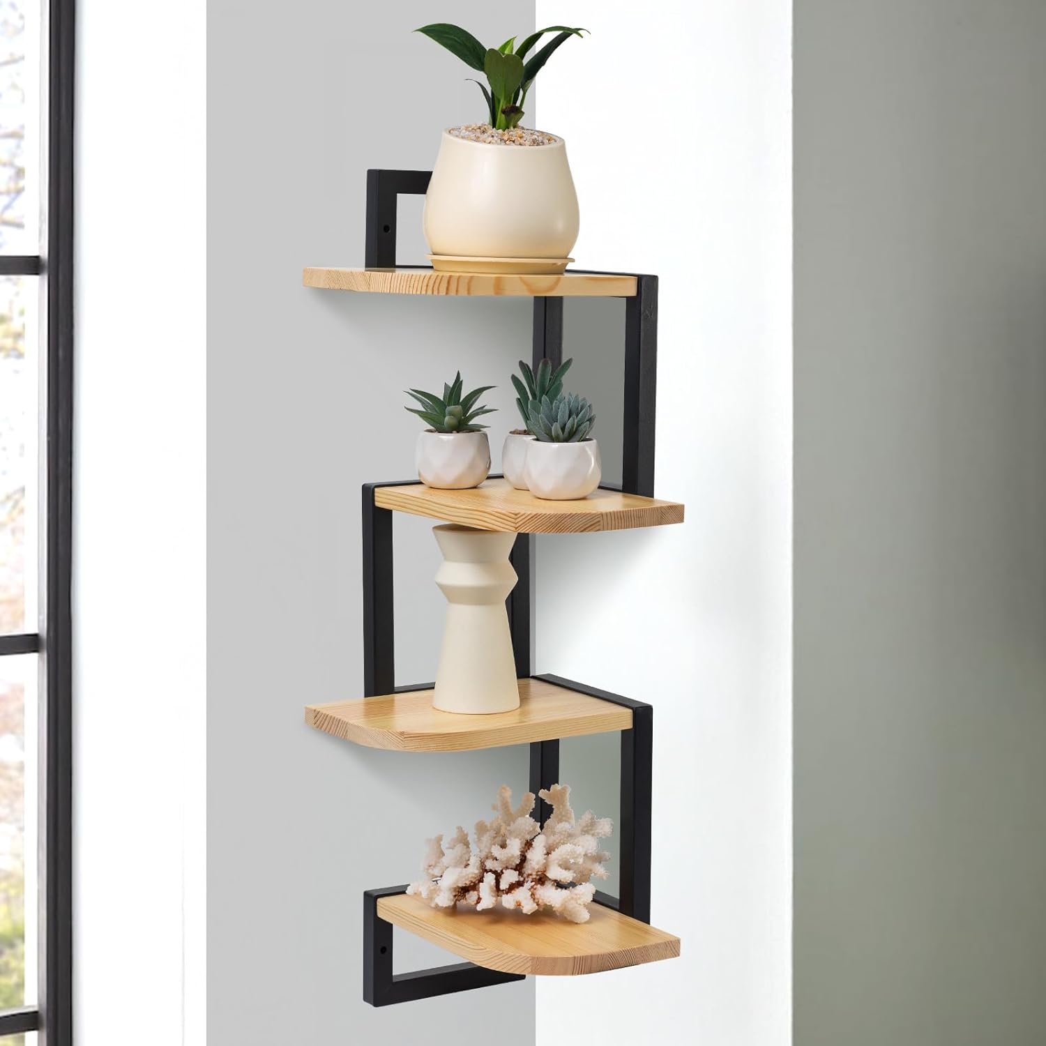 Juego de 4 estantes colgantes de esquina hi-home, almacenamiento de pared rústico de madera para la habitación de los niños, estantería para libros, bonitos estantes de pared de esquina de madera para la decoración del baño, sala de estar y cocina, marrón