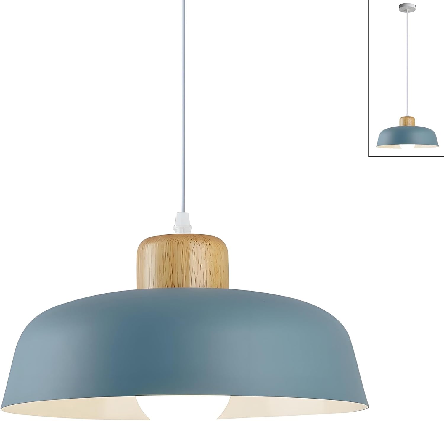 Lámpara colgante HJXDtech de 30 cm de diámetro para mesa de comedor, lámpara colgante moderna y colorida de metal y madera, casquillo E27, lámpara colgante de altura regulable para cocinas, comedores, dormitorios y salas de estar (azul niebla).