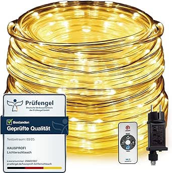 Tubo de luz exterior HAUSPROFI de 50 m y 1000 LED, con alimentación de red, blanco cálido, IP44 resistente al agua y regulable con mando a distancia, ideal para iluminación de jardín, balcón y Navidad, Ø5 mm.