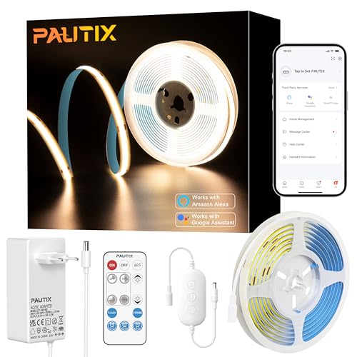 Tira LED PAUTIX de 5M con 480 LEDs/m, temperatura de color 2700K y CRI90+ para una iluminación de alta calidad. Compatible con Alexa y Google Assistant para control por voz. Voltaje de 24V garantiza s