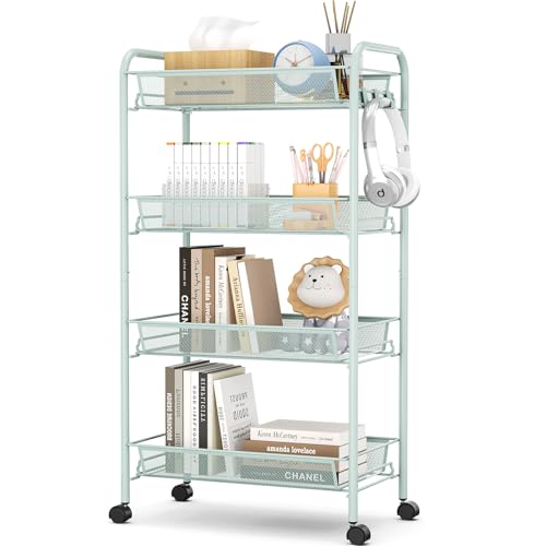 Carrito auxiliar de cocina móvil de 4 niveles, fabricado en metal resistente al óxido. Incluye 3 ganchos laterales, cestas de malla transpirables que facilitan el drenaje y cuenta con 4 ruedas girator