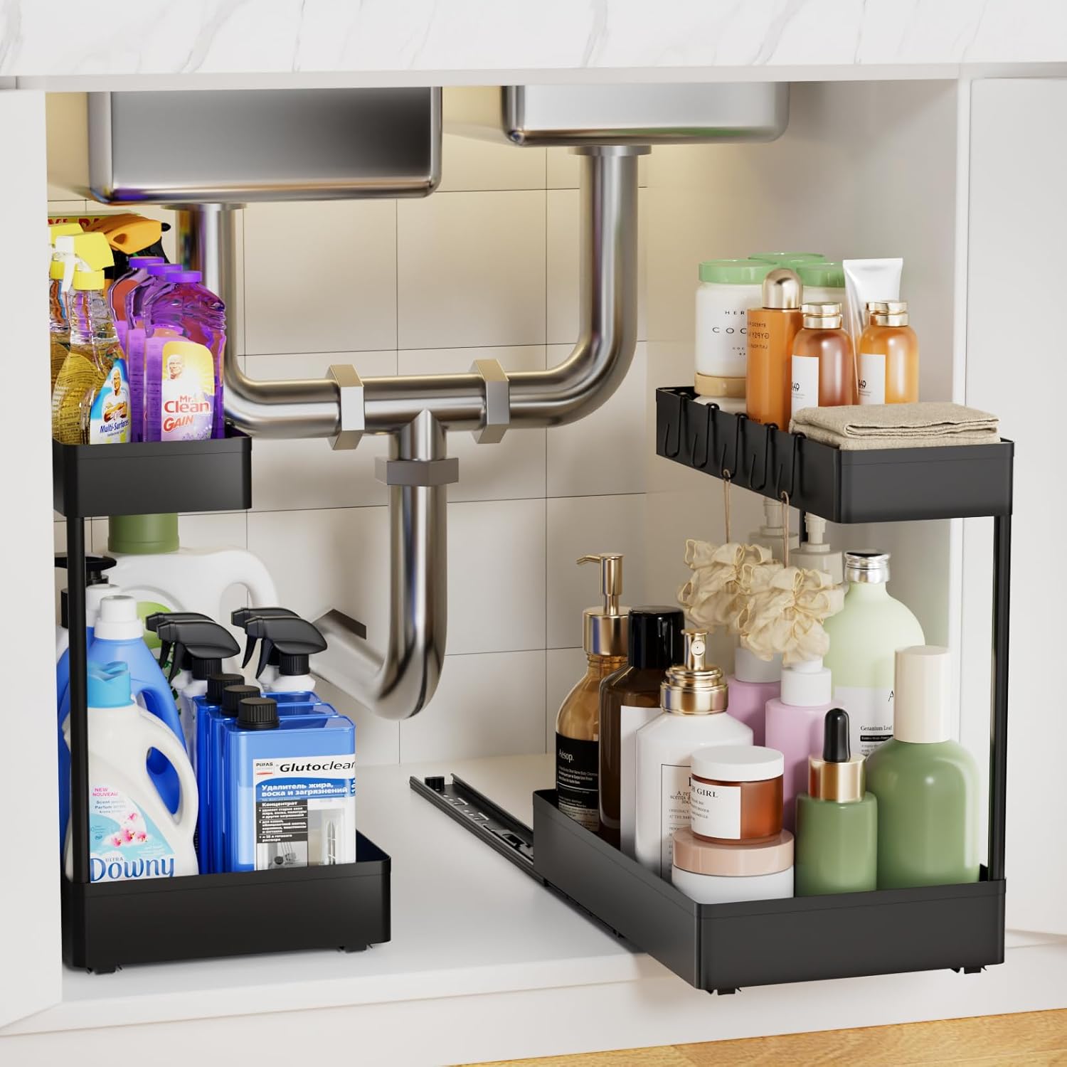 Organizador de cocina Creahaus, organizador de armario de cocina de 2 niveles, estante para debajo del fregadero, organizador de armario de cocina con 5 ganchos, organizador para debajo del fregadero, cocina, baño, encimera, negro (2 unidades negras)