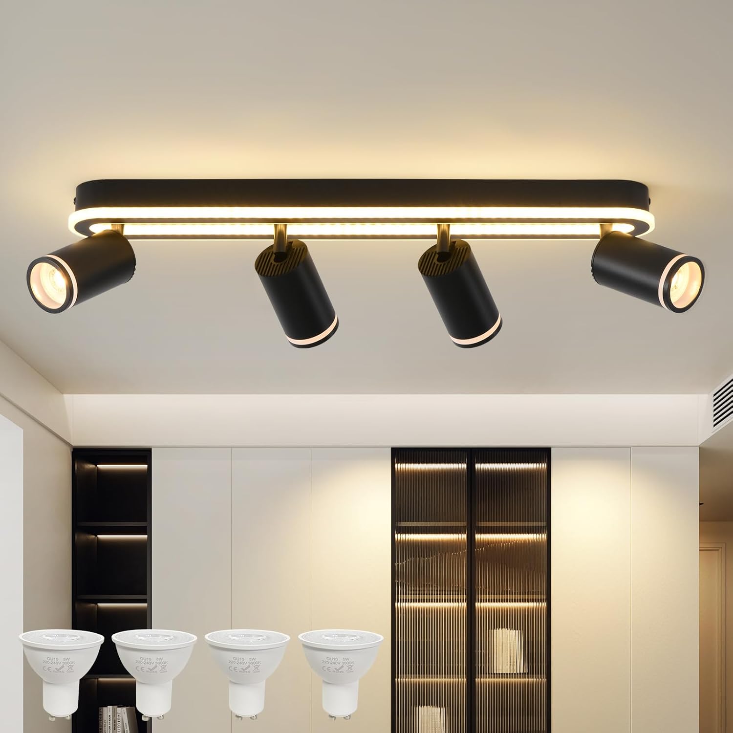 Lámpara de techo LED de 4 luces, giratoria 350°, foco con luz descendente, 36 W + 4 focos GU10 de 5 W, luz blanca cálida de 3000 K, lámpara de techo moderna, foco para cocina y sala de estar, color negro.