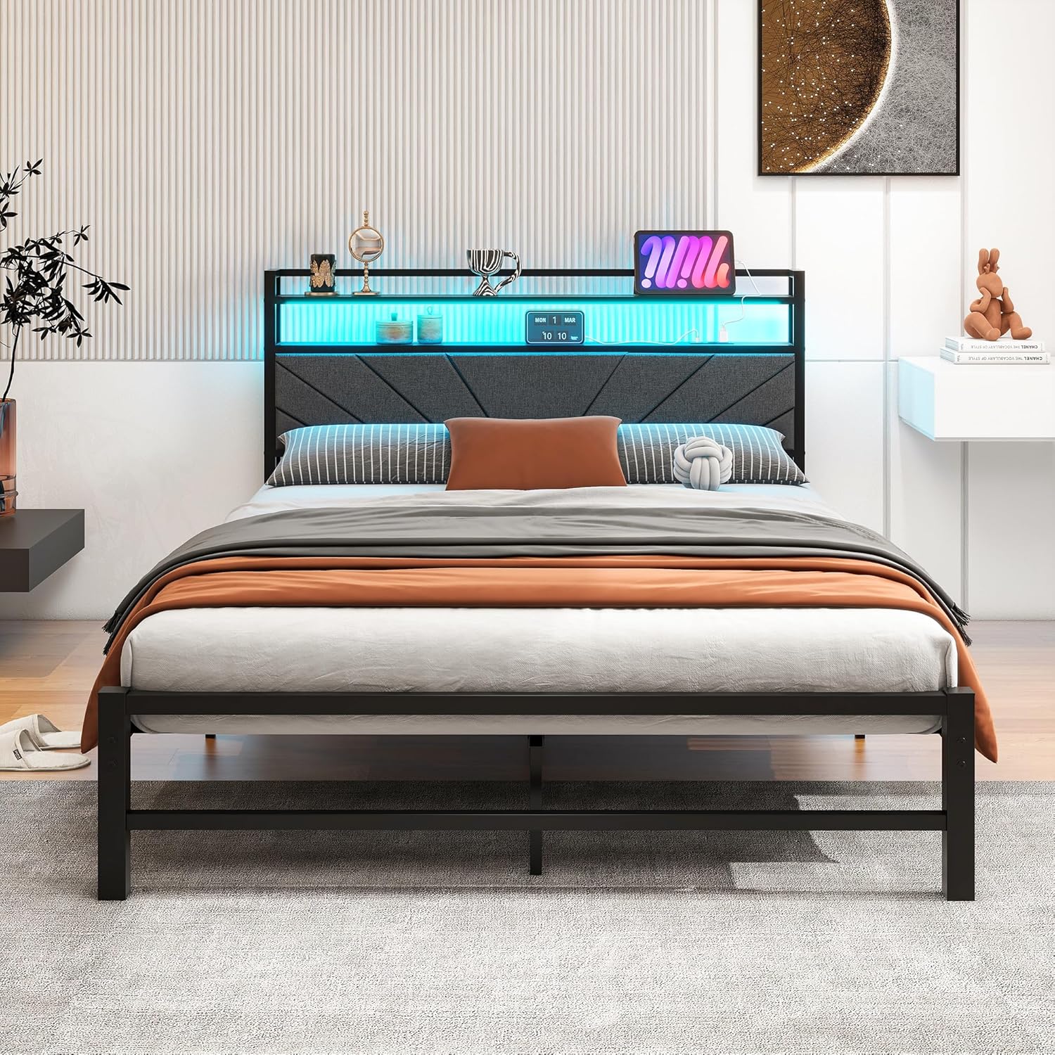 VERFARM Cama tapizada de metal de 140 x 200 cm, marco de cama doble con LED y base de carga, marco de cama con espacio de almacenamiento, cama juvenil, cama de invitados, cama con cabecero, perfecta