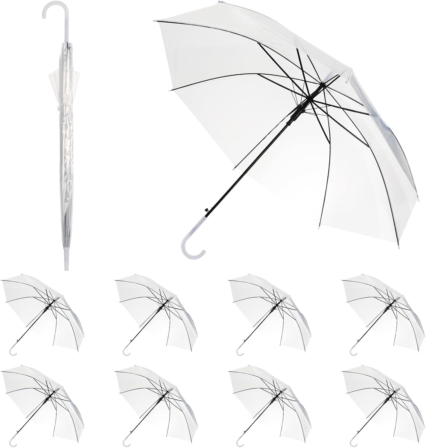 CODOHI Juego de 10 paraguas transparentes, 95 cm, para bodas, paraguas grandes transparentes tipo cúpula con 8 varillas, paraguas blancos semitransparentes con mango automático para mujeres, hombres, novias y damas de honor.