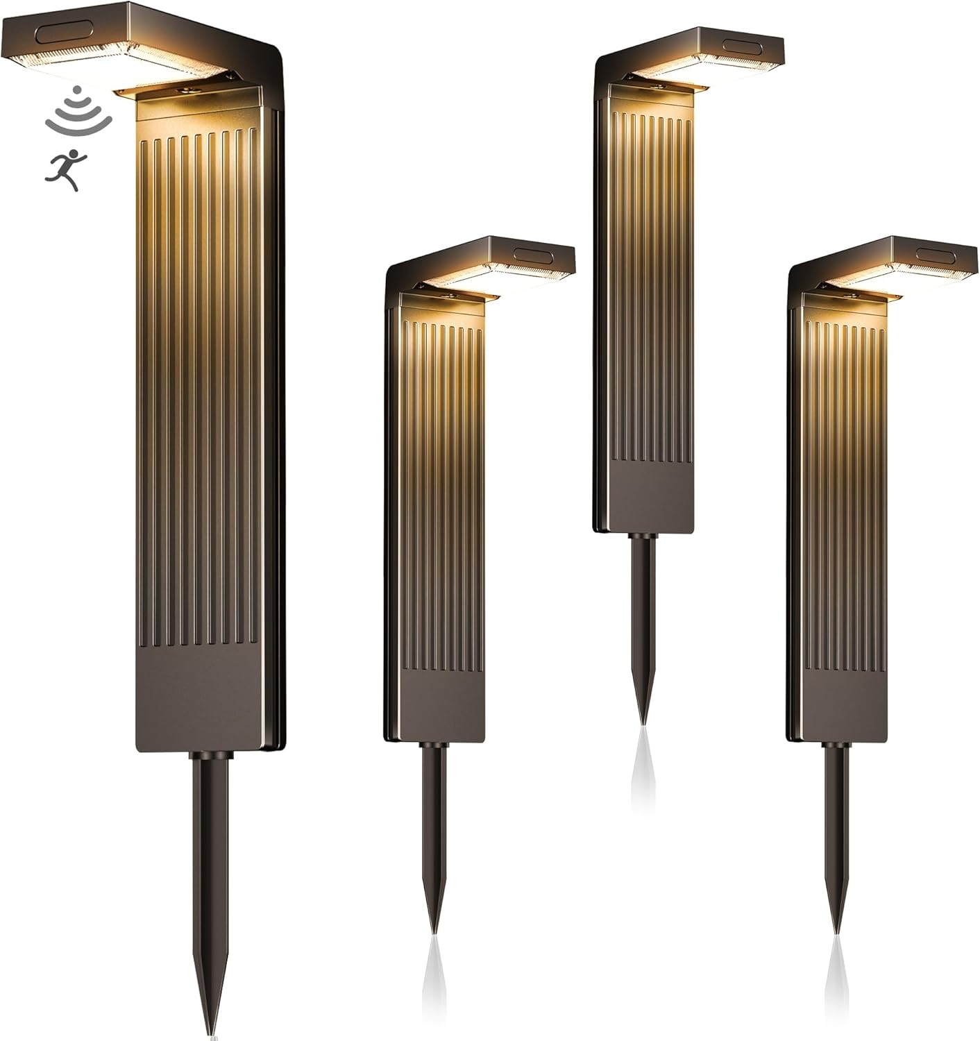 Luces solares iseeway para exteriores, paquete de 4, luces solares de jardín de 400 lúmenes con sensor de movimiento, LED de 2 fases con cambio de color (3000 K/6500 K), resistentes al agua IP65 para patios, entradas de vehículos y caminos.