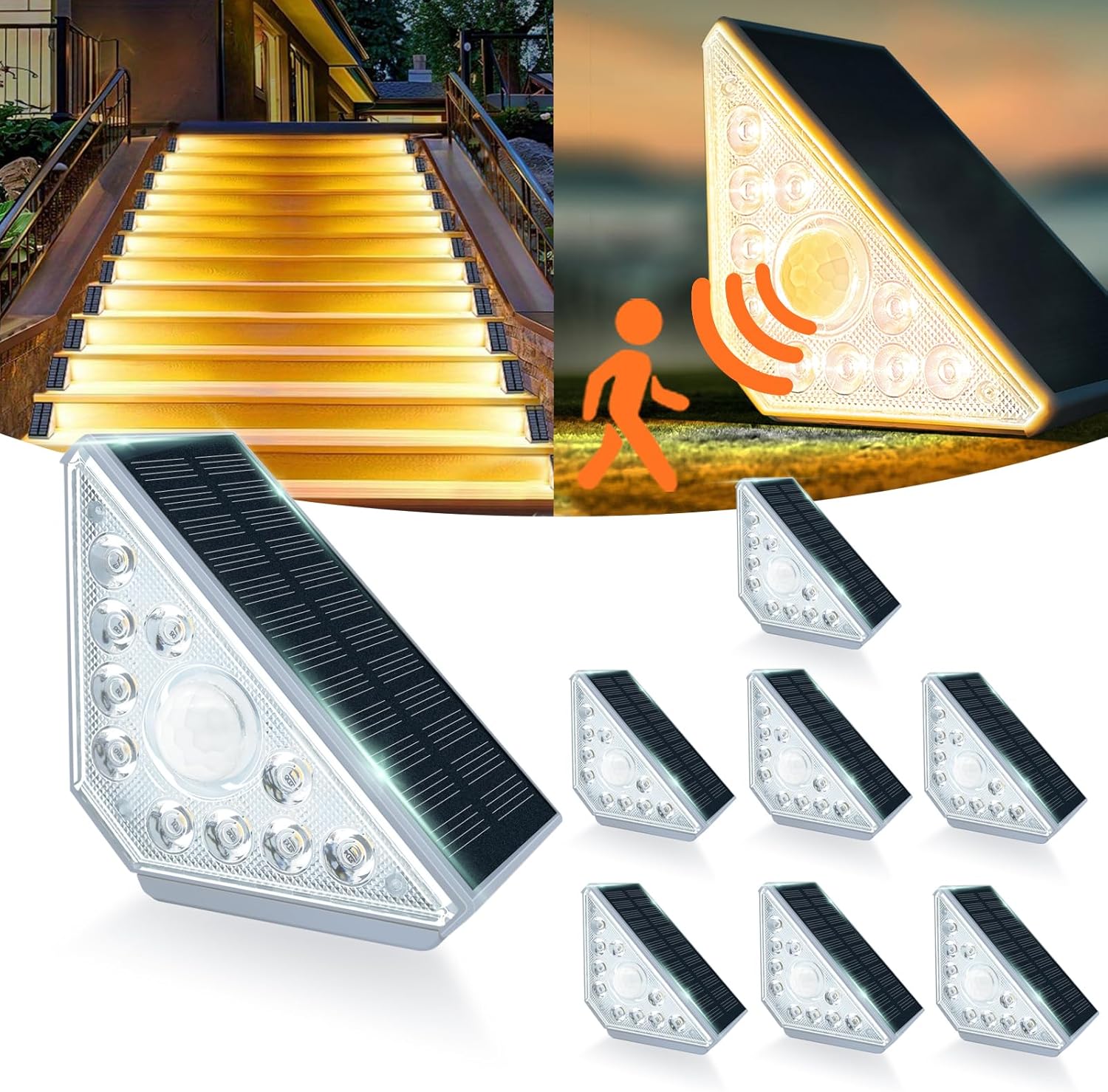 MEDOYOH 8 luces solares para escaleras exteriores con sensor de movimiento, luz blanca cálida, resistente al agua IP44, 800 mAh, para escalones de jardín, terraza, patio, puerta principal, valla