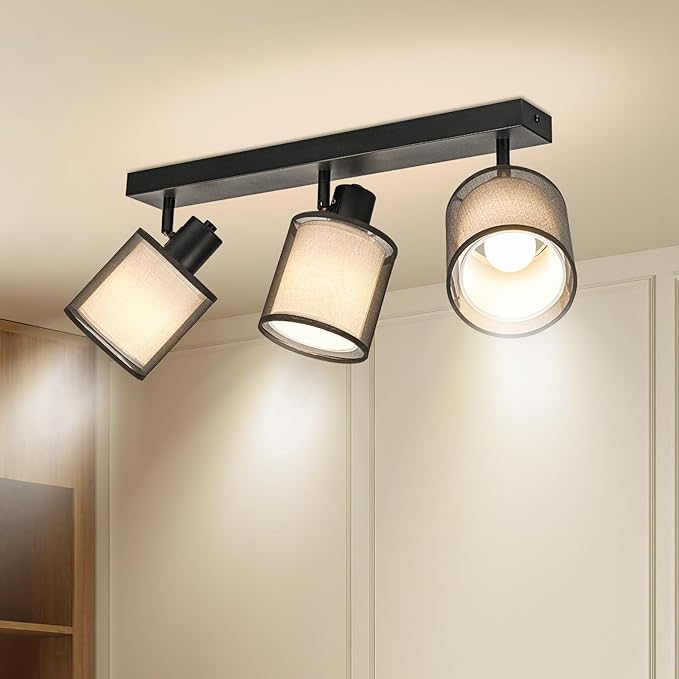 Lámpara de Techo 3 Focos Orientable, Negro Plafones de Techo E14 Plafón Foco de techo Retro Aplique Pared Interior Giratorios blanco cálido Para Cocina Pasillos Salón, Sin Bombilla