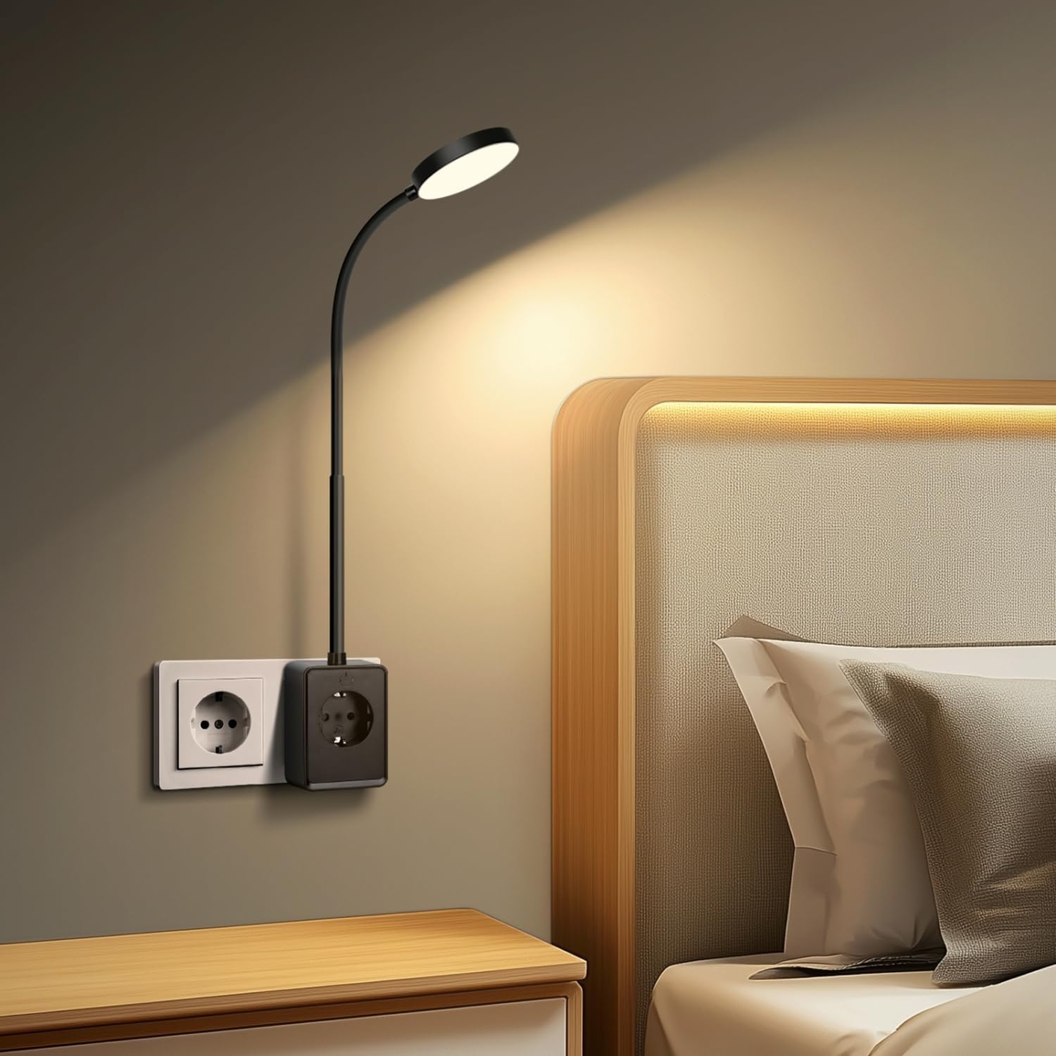 Aplique de pared LED Aigostar con enchufe y toma de corriente, lámpara de dormitorio con regulador táctil, 3 colores de luz, lámpara de lectura con puerto de carga USB/Tipo C, cuello flexible de 360°, color negro.
