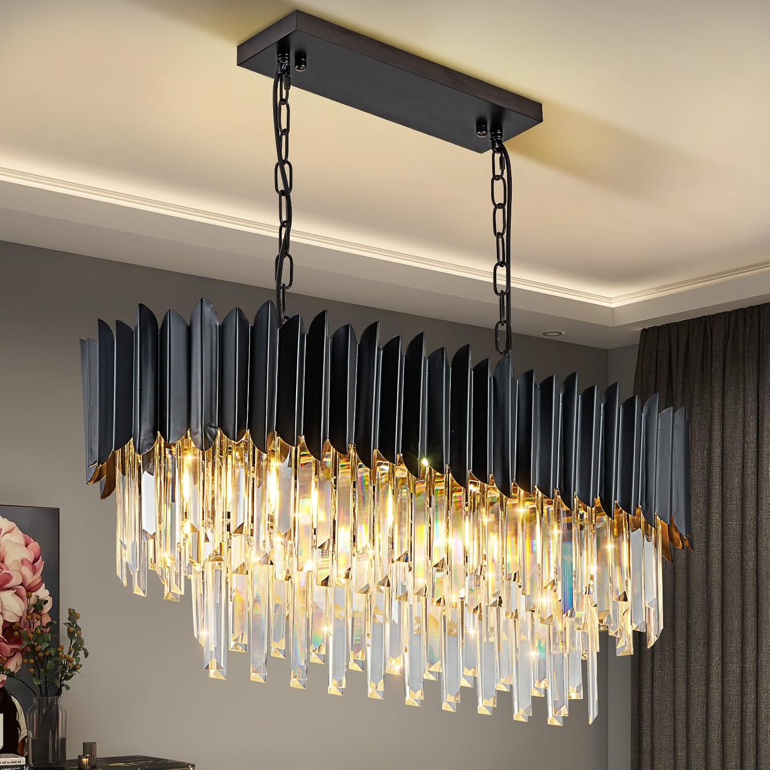 Lámpara colgante de cristal de lujo moderna, araña de cristal negro, araña de gotas de lluvia 8xE14, plafón para comedor, 80x30 cm [Clase de eficiencia energética A]