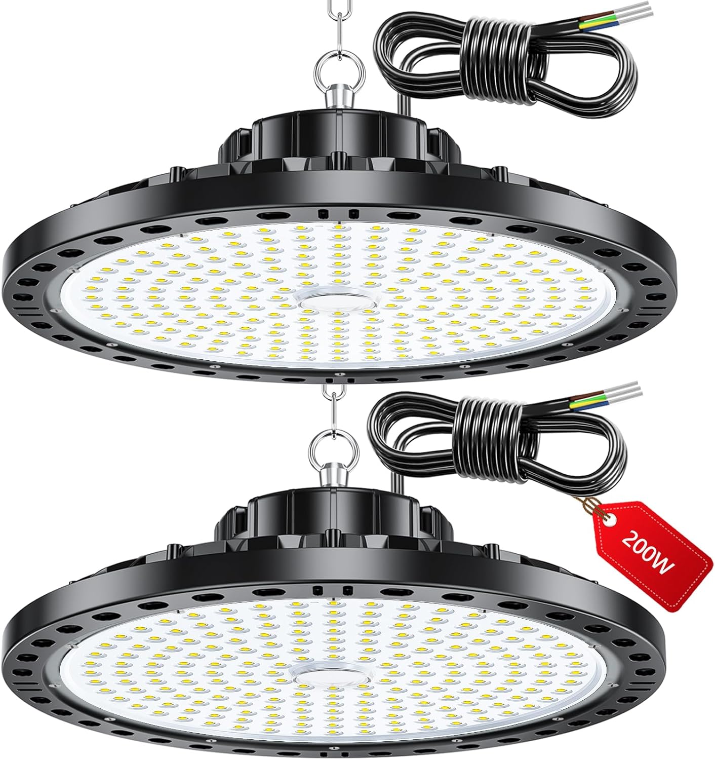 Lámparas LED industriales LAMLAMCK - Paquete de 2 unidades de 200 W y 20000 lúmenes con forma de OVNI, iluminación LED para pasillos con transformador, luz de techo impermeable IP65 para talleres, lámpara industrial OVNI de 6500 K para garajes, fábricas y tiendas.