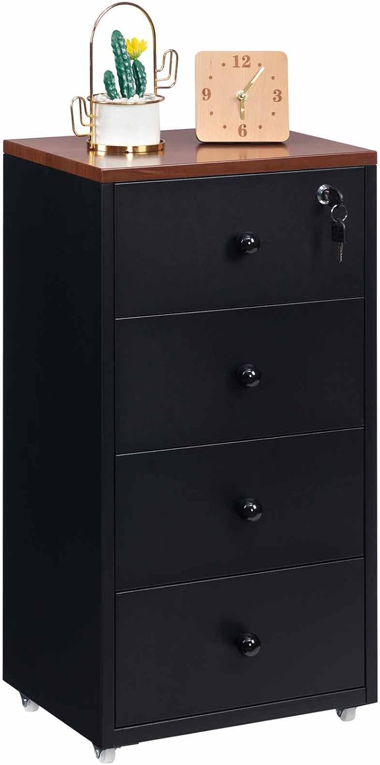 Archivadores móviles HollyHOME, archivador con cerradura y 4 cajones, armario metálico con ruedas para oficina en casa, tamaño carta A4, negro.