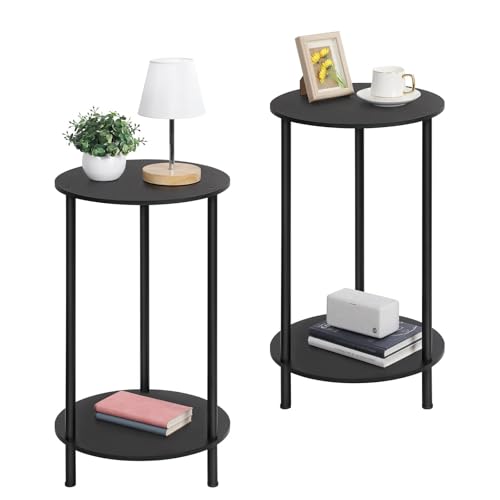 LIANTRAL Mesa de centro redonda, juego de 2, mesa auxiliar con 2 estantes, mesa redonda pequeña, mesa de salón, mesita de noche, mesa para teléfono, para salón, dormitorio, MDF y metal, negra