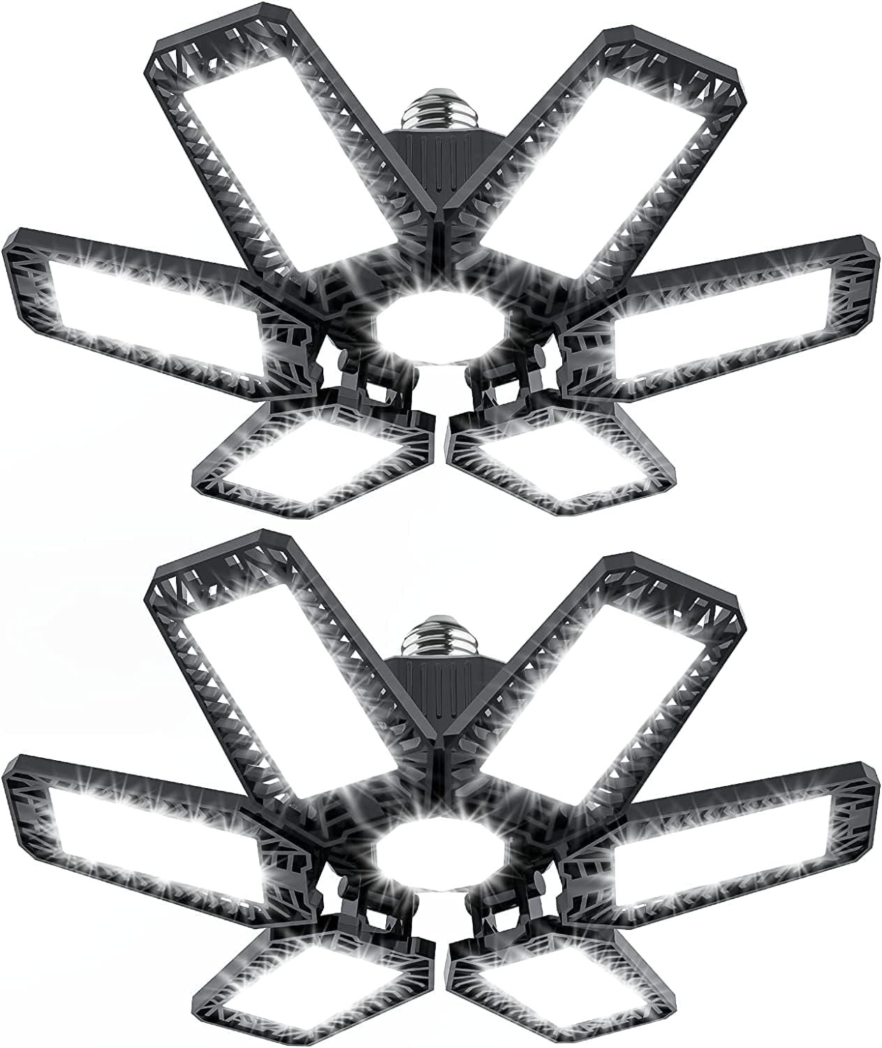 Lámpara LED para garaje YIQIBRO de 185 W y 18500 lúmenes (paquete de 2) - Luz para garaje, taller y sótano con 6+1 paneles ajustables (6500 K), casquillo E26/E27.