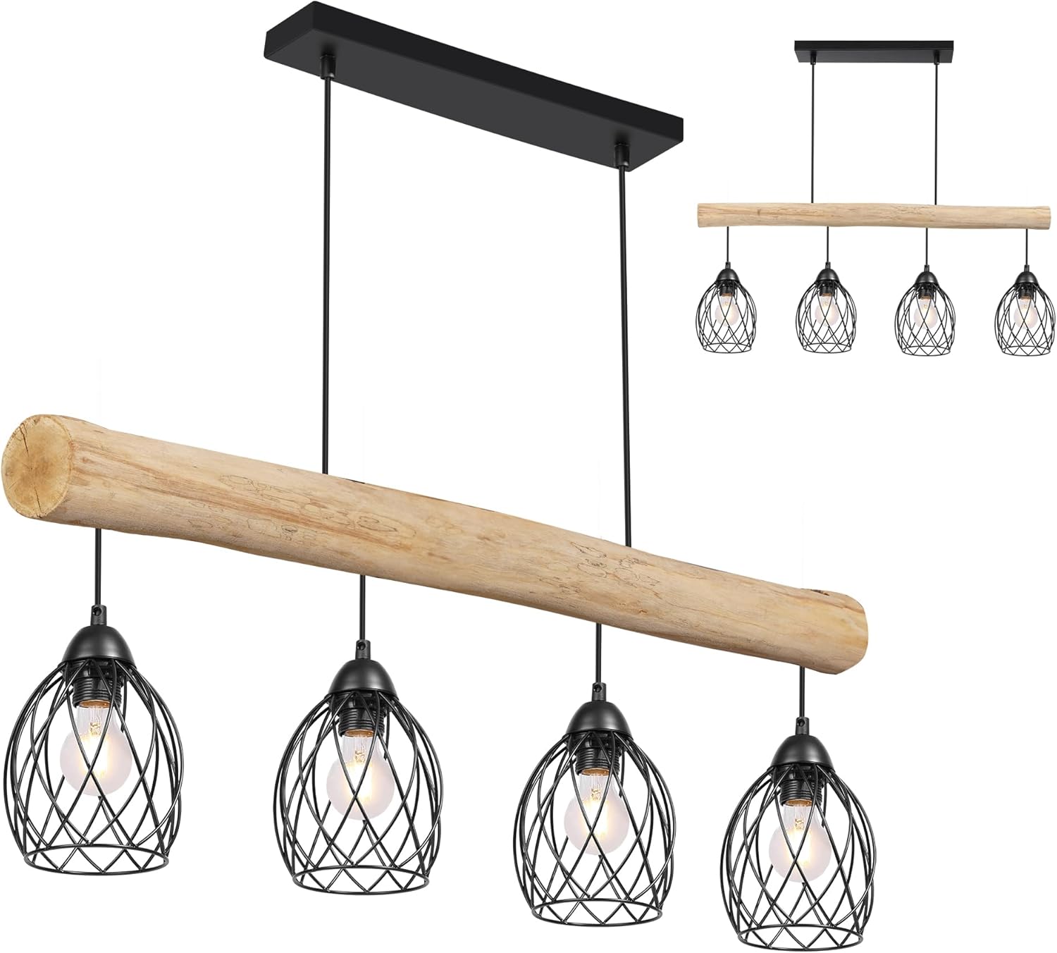 Lámpara colgante vintage de madera con 4 bombillas E27, diseño industrial, estilo retro, altura ajustable para comedor, cocina, sala de estar, bar (color primario, 82 cm) [Clase energética A]