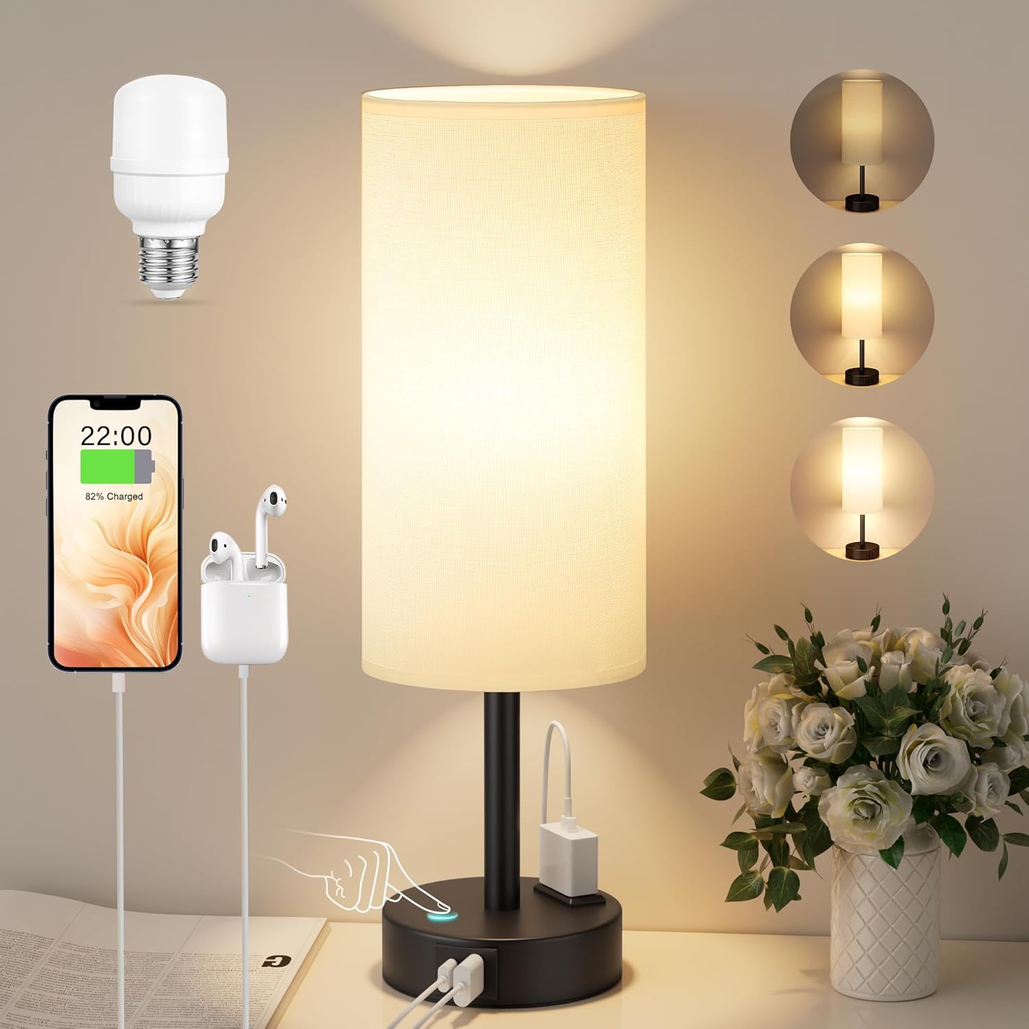Lámpara de mesita de noche regulable táctil Kakanuo, lámpara de mesa con función de carga USB A+C y toma de corriente, pantalla de lino, lámpara para mesita de noche, sala de estar, dormitorio, habitación infantil, oficina (bombilla incluida).