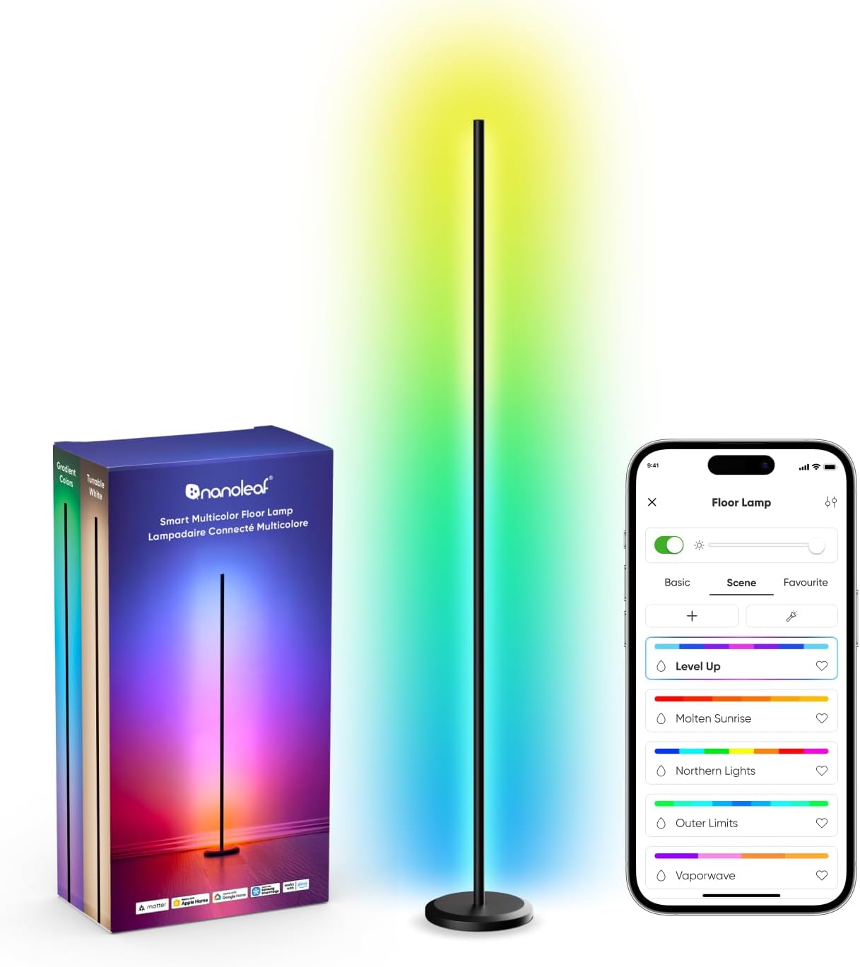 Lámpara de pie inteligente Nanoleaf Matter, negra, lámpara de pie LED RGB IC, regulable, sincronización con música, escenas de degradado dinámico, 1700 lm, control por app y voz (compatible con Alexa y Apple), decoración para videojuegos en el dormitorio.
