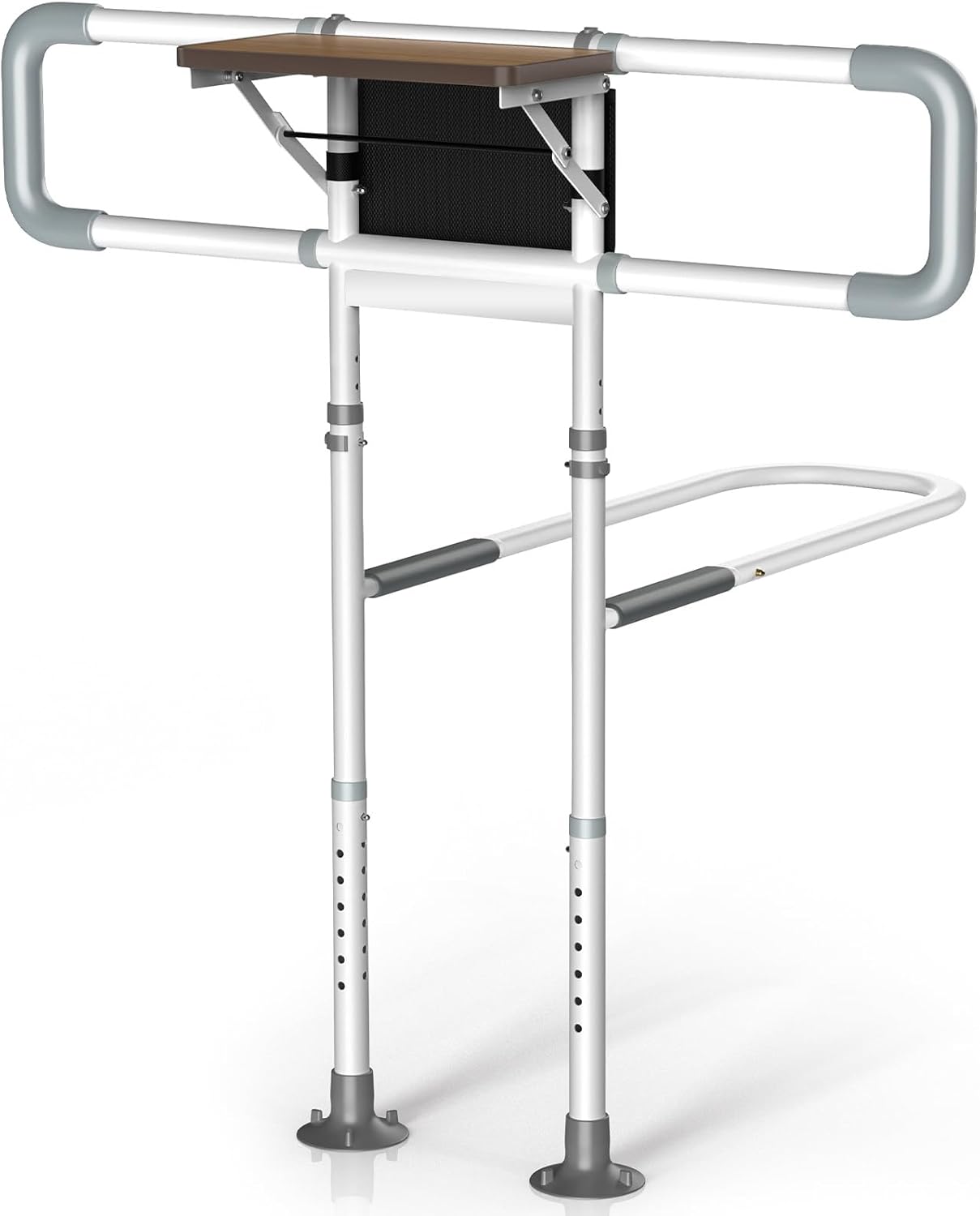 Soporte de bipedestación Mixoo para cama, ayuda para personas mayores con mesa, asa ajustable en dos direcciones, barras de apoyo ergonómicas para mujeres embarazadas y personas con discapacidad, seguridad y estabilidad, capacidad de carga: 150 kg, color blanco.