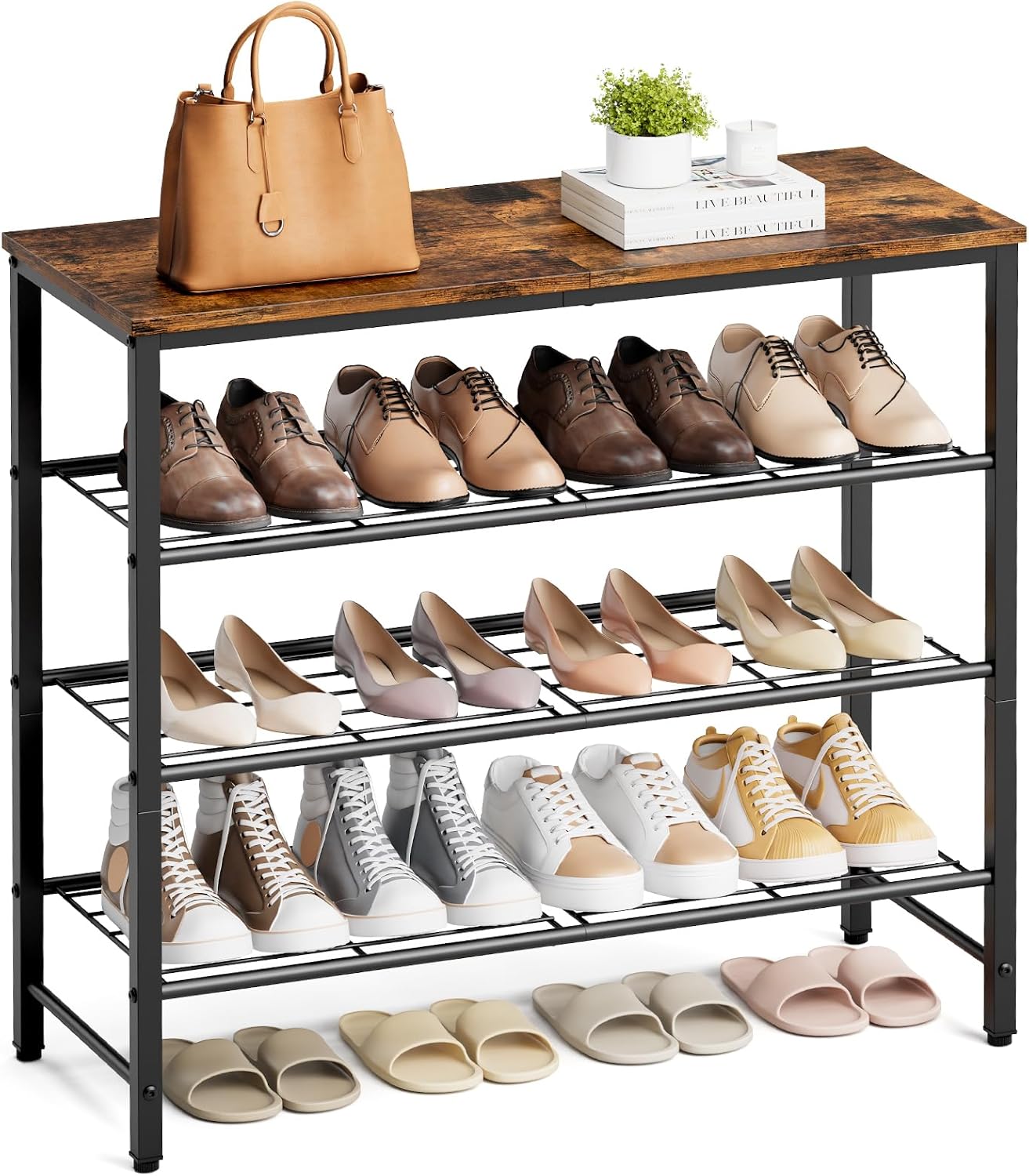 Zapatero Kitsure con superficie de madera, ahorra espacio y está hecho de metal resistente, ideal para guardarropa, entrada y pasillo, 29 x 75 x 63 cm, marrón vintage.