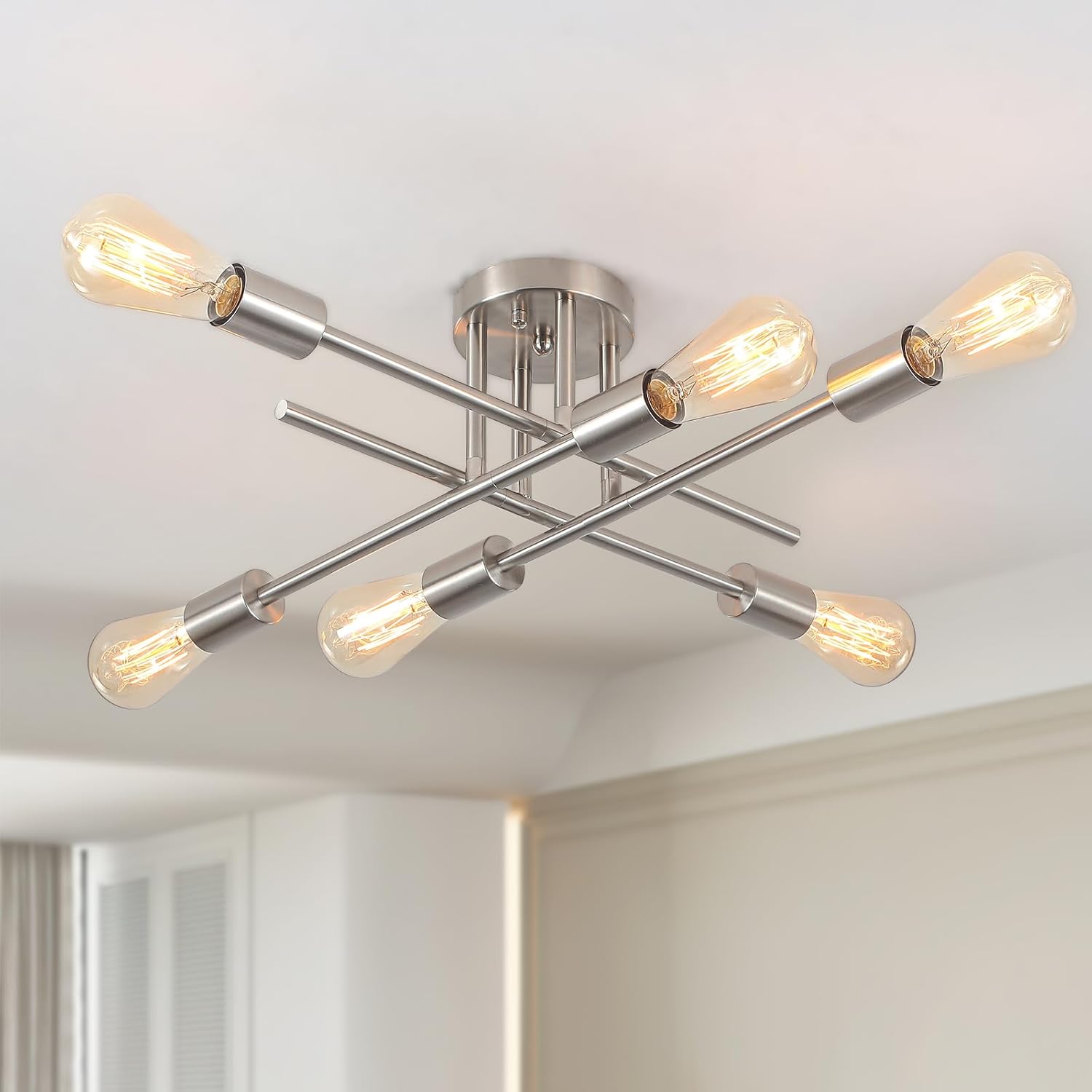Lámpara de techo tipo araña vintage, plateada, lámpara Sputnik de 6 luces para sala de estar, lámpara de techo industrial para comedor, araña moderna para dormitorio, cocina, pasillo, plateada, E27
