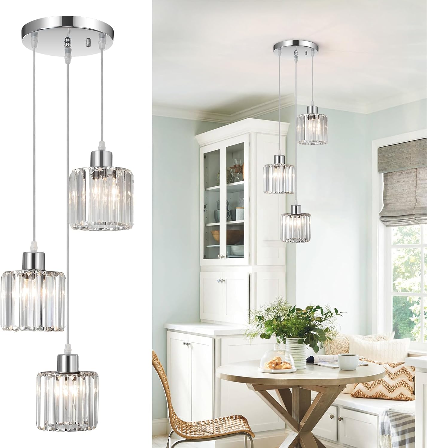 Lámpara colgante de cristal para mesa de comedor, lámpara colgante plateada de 3 luces, araña de cristal, lámpara colgante de metal para sala de estar, altura ajustable, casquillo E27, lámpara colgante para dormitorio