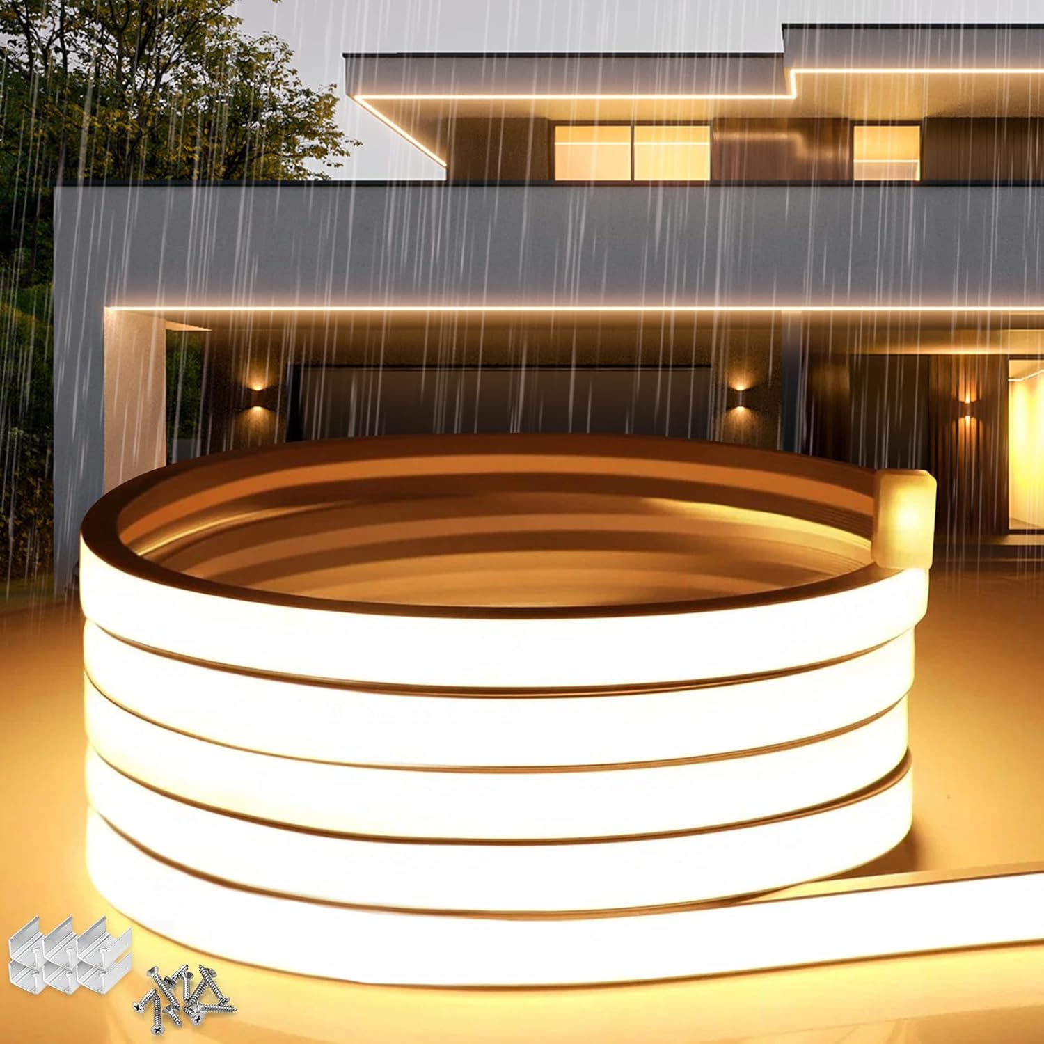 Tira de LED neón SUCIKORIO de 15 m, resistente al agua y al fuego IP65, luz blanca cálida de 3000 K, 10 mm, luces LED de cadena para exteriores de 230 V, flexible, para bricolaje, con fuente de alimentación para el hogar, fiestas y cocina.