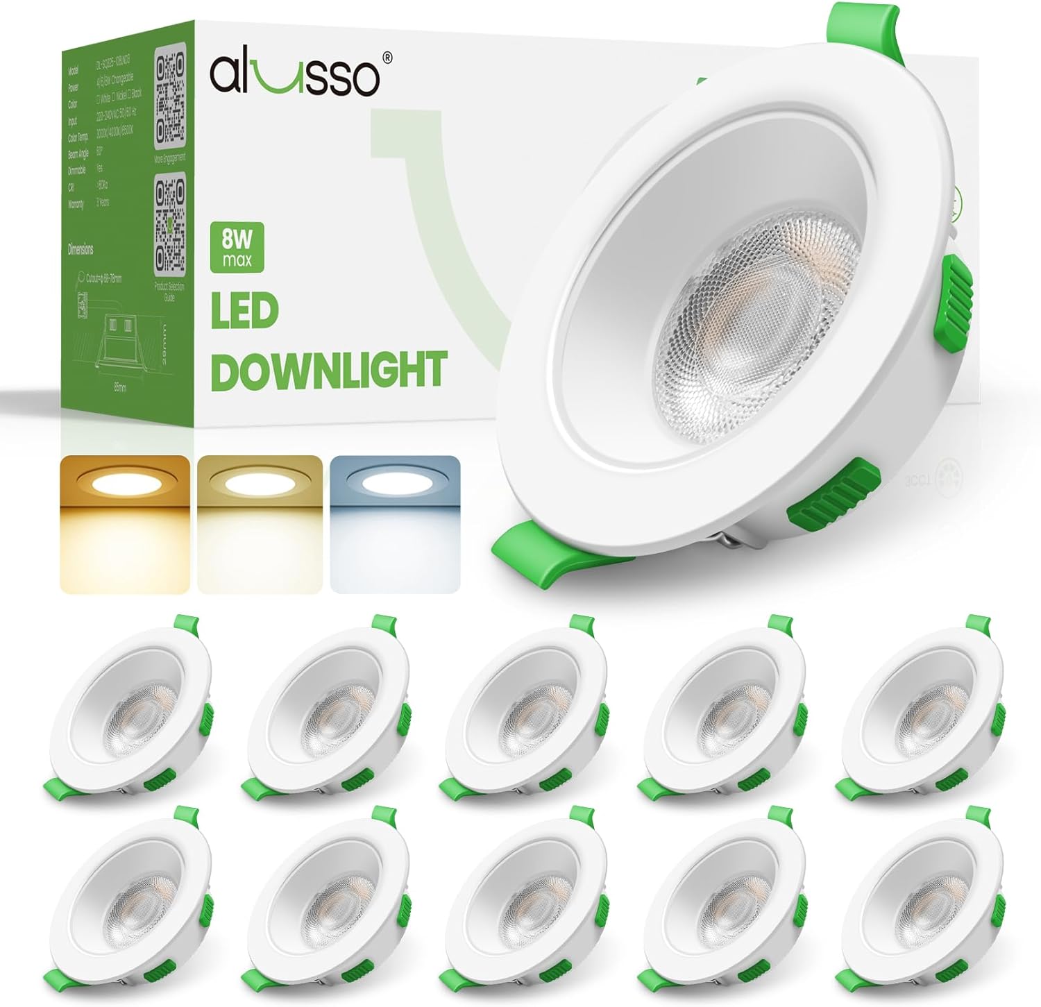 Focos LED empotrables ALUSSO sin deslumbramiento, 230 V, regulables, de 68 mm, 3 W, 4 W, 6 W, 8 W, 3 CCT (3000 K, 4000 K, 6500 K), IP44, para baño, cocina y sala de estar, color blanco, juego de 10